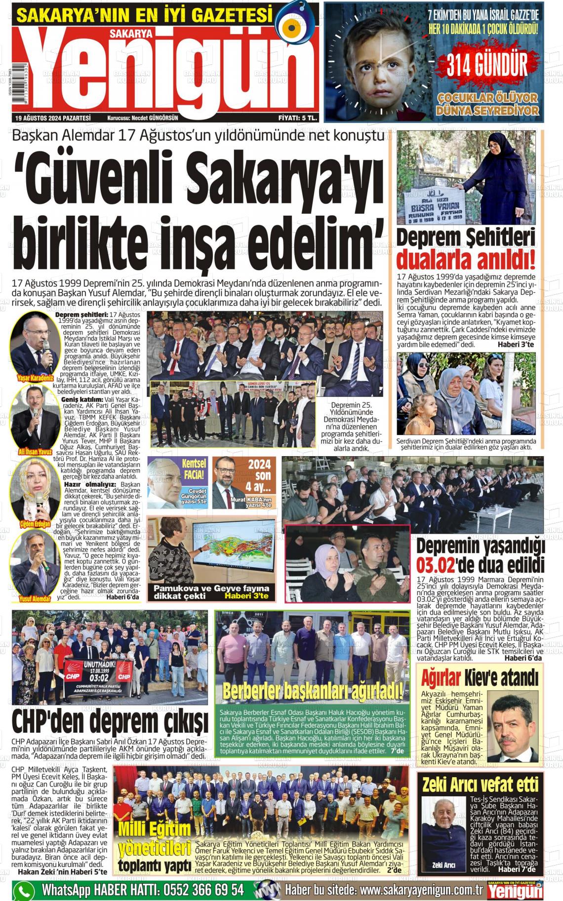 19 Ağustos 2024 Sakarya Yenigün Gazete Manşeti