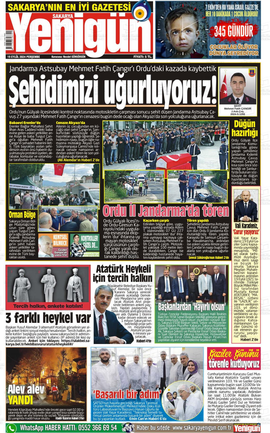 19 Eylül 2024 Sakarya Yenigün Gazete Manşeti