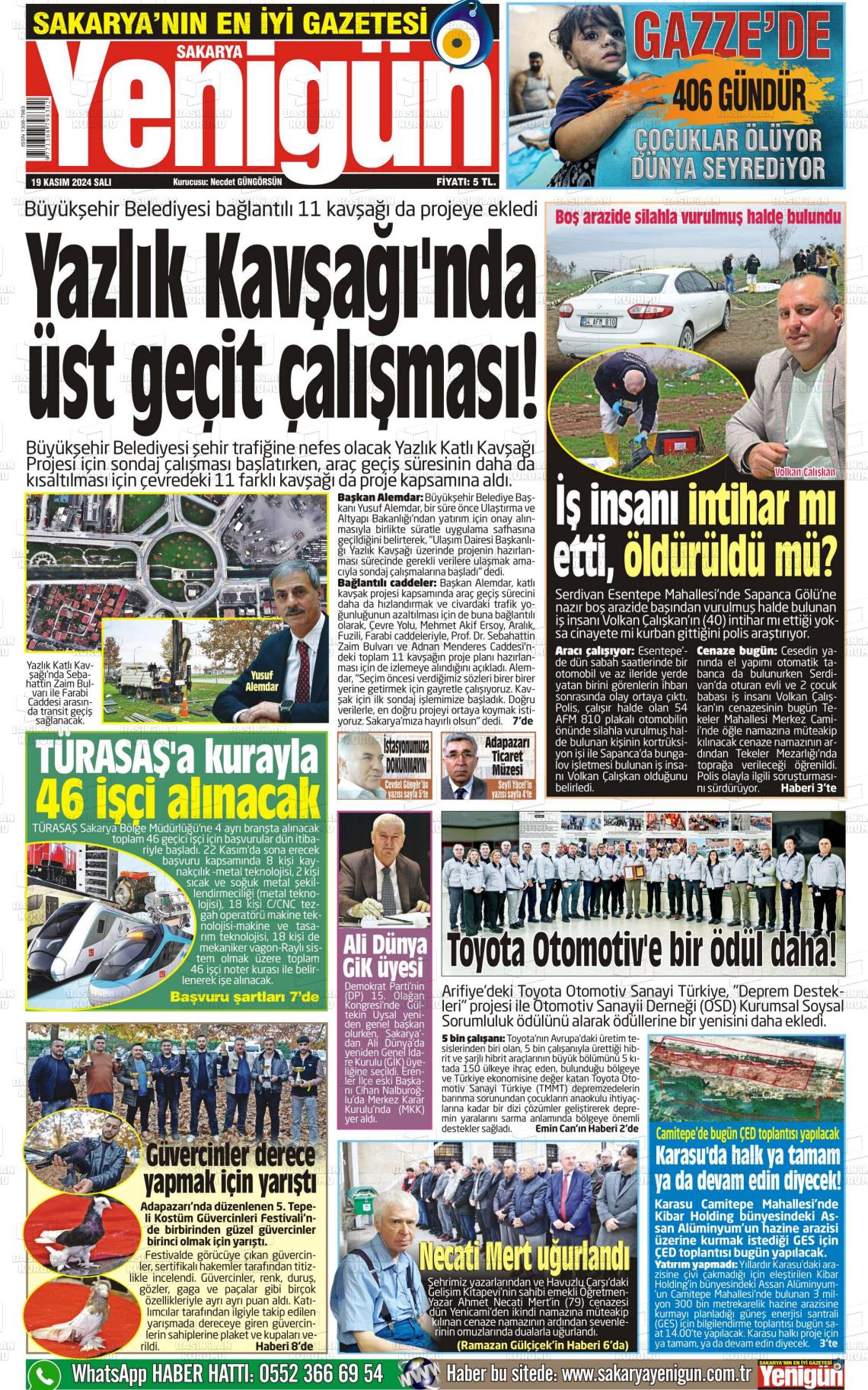 19 Kasım 2024 Sakarya Yenigün Gazete Manşeti