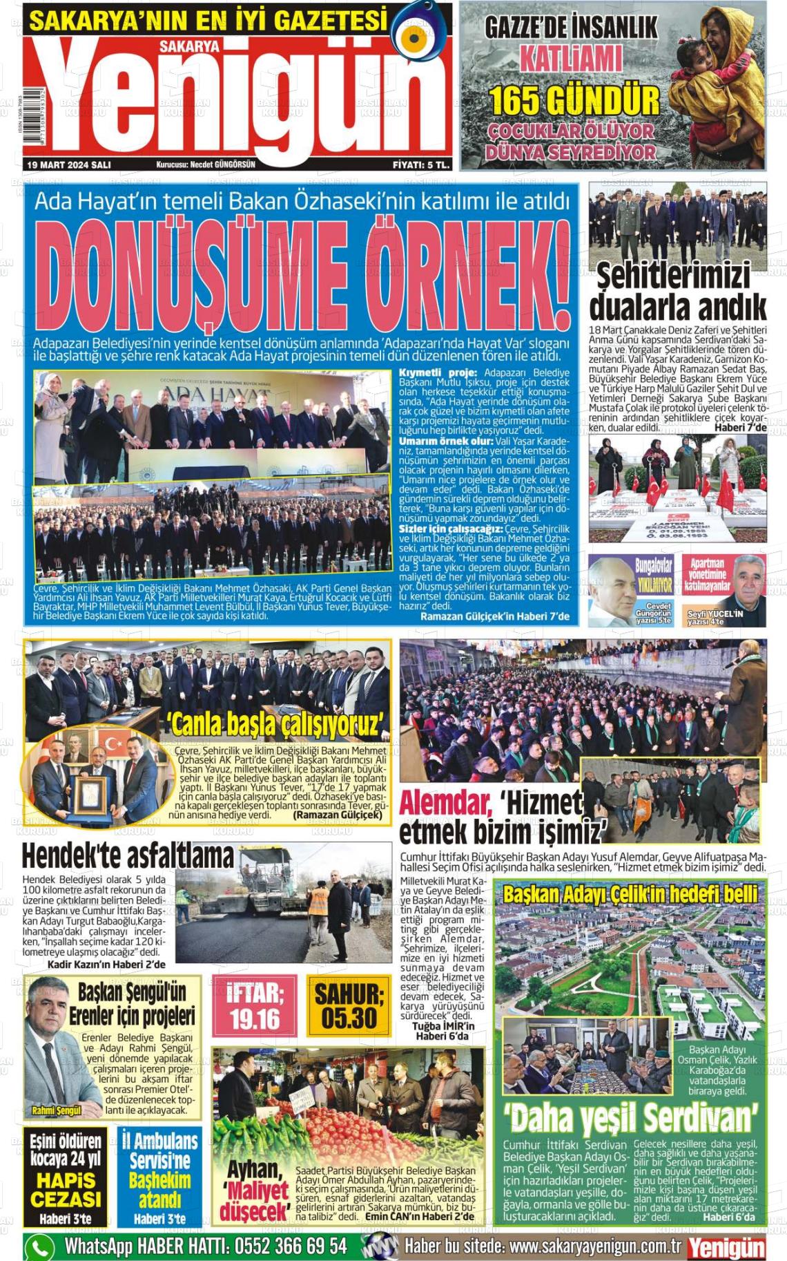 19 Mart 2024 Sakarya Yenigün Gazete Manşeti