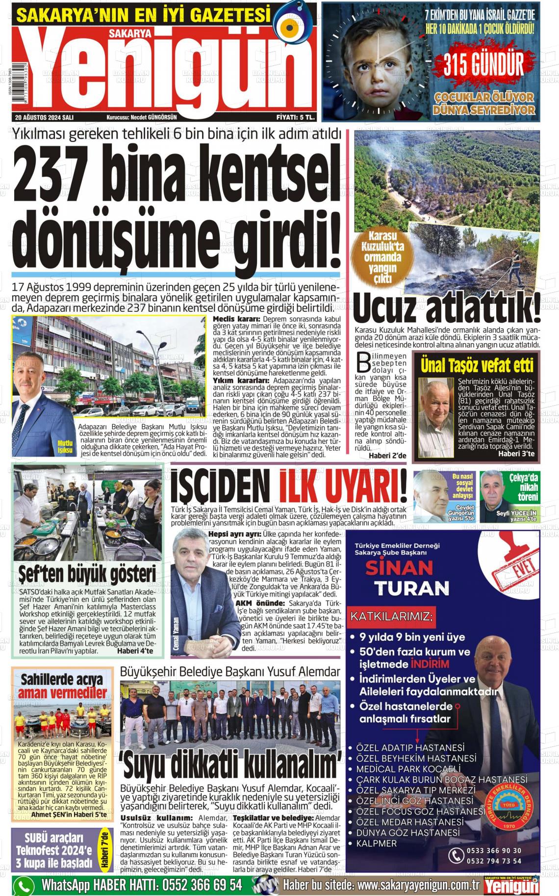 20 Ağustos 2024 Sakarya Yenigün Gazete Manşeti