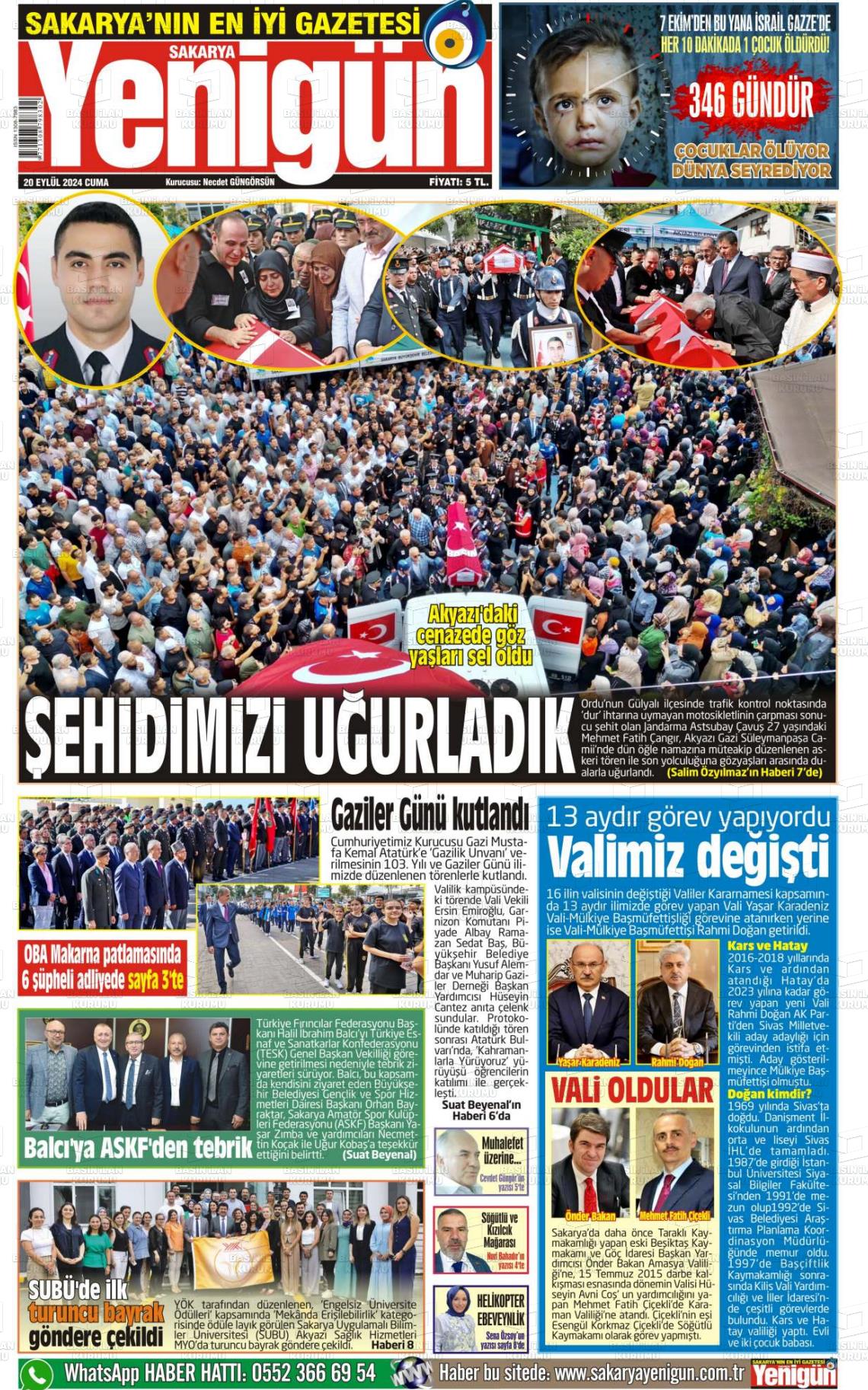 20 Eylül 2024 Sakarya Yenigün Gazete Manşeti