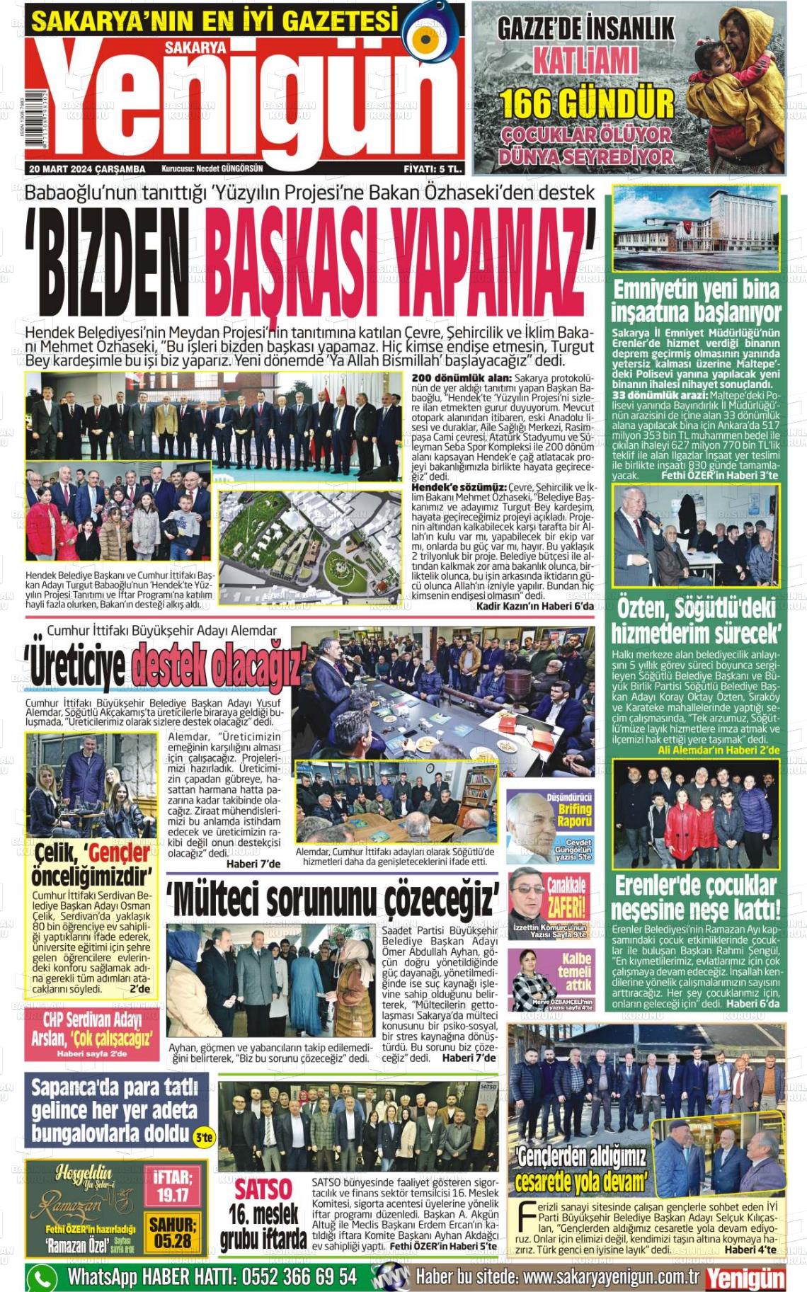 20 Mart 2024 Sakarya Yenigün Gazete Manşeti