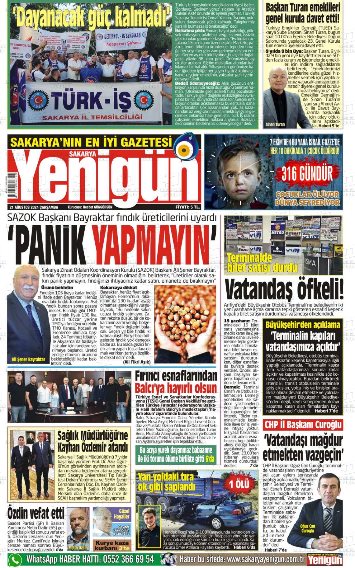 21 Ağustos 2024 Sakarya Yenigün Gazete Manşeti