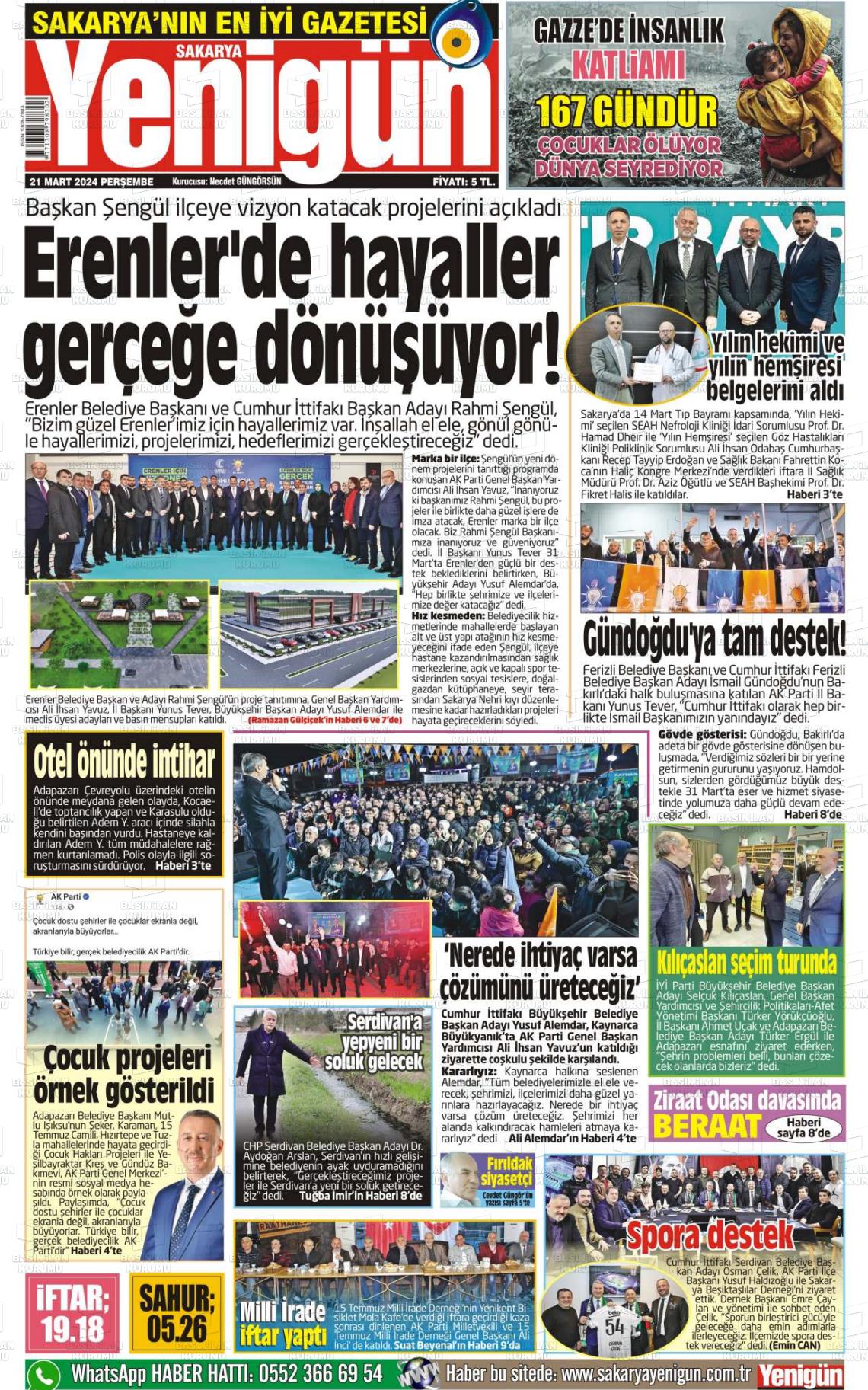 21 Mart 2024 Sakarya Yenigün Gazete Manşeti