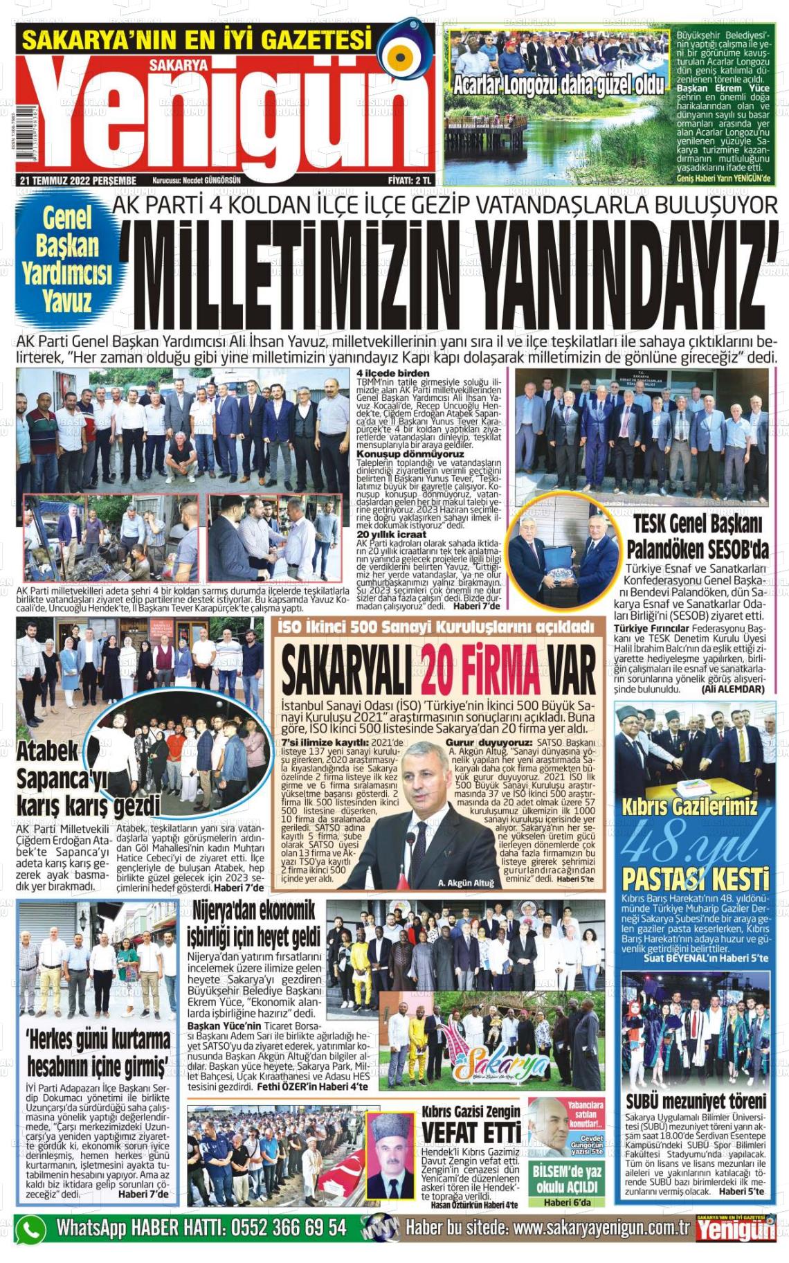 21 Temmuz 2022 Sakarya Yenigün Gazete Manşeti