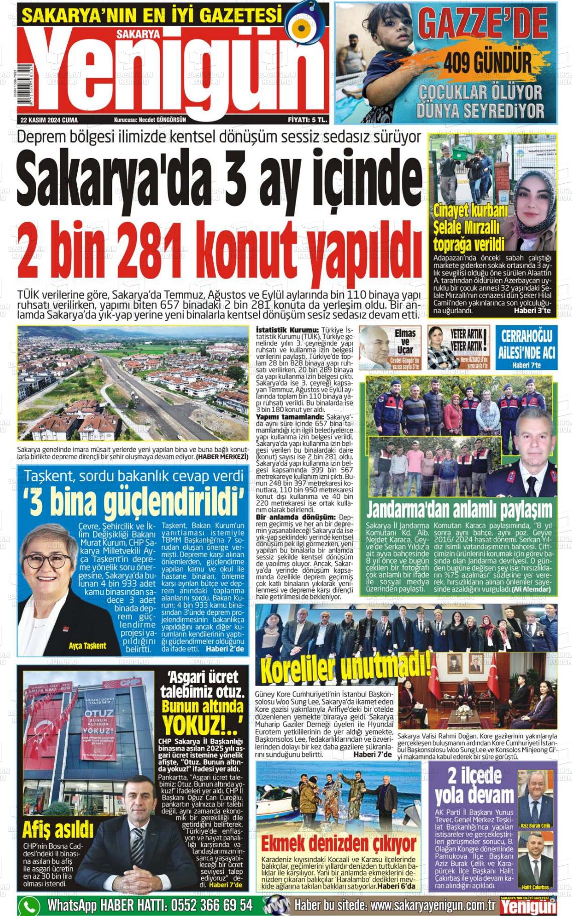 22 Kasım 2024 Sakarya Yenigün Gazete Manşeti