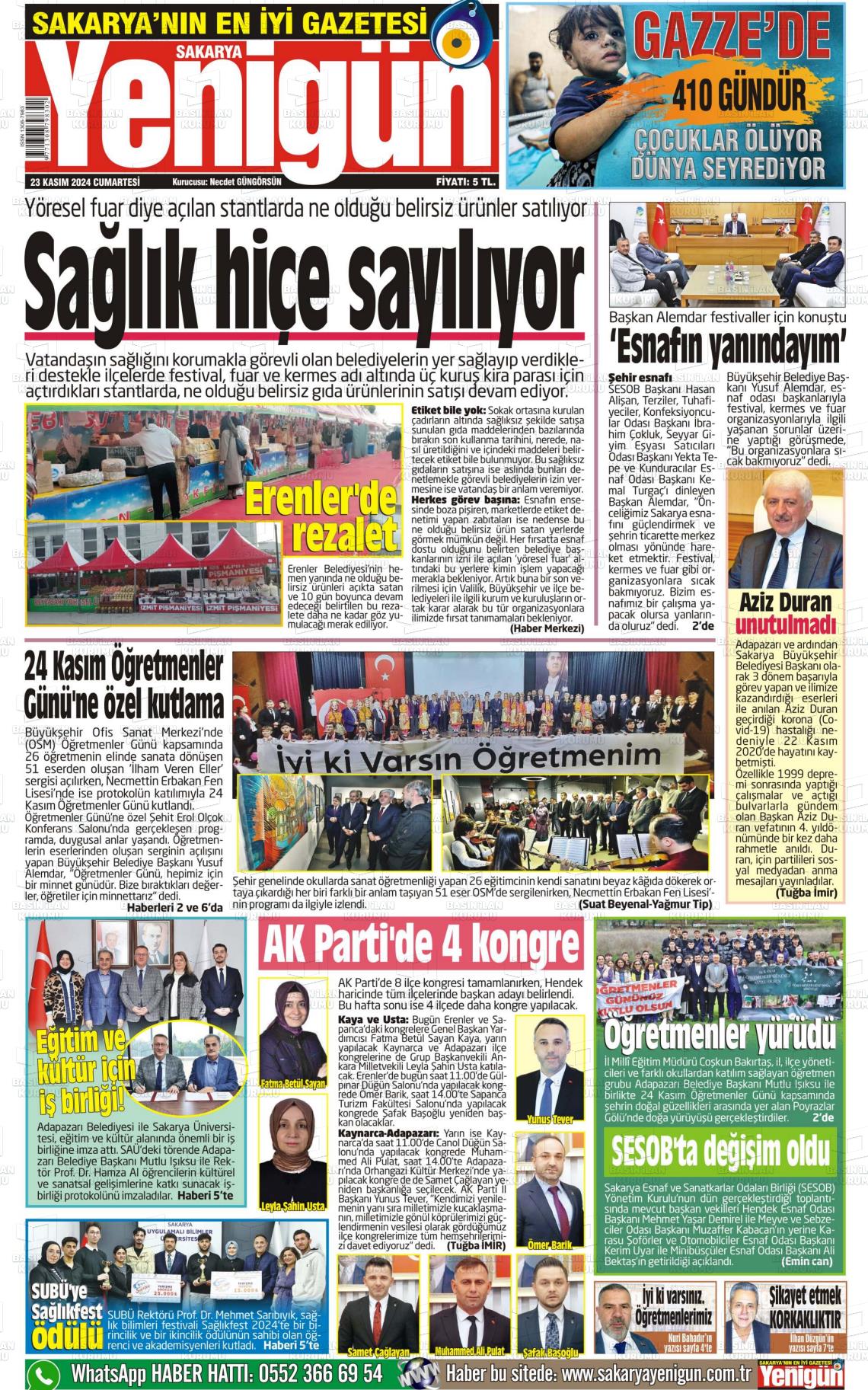 23 Kasım 2024 Sakarya Yenigün Gazete Manşeti