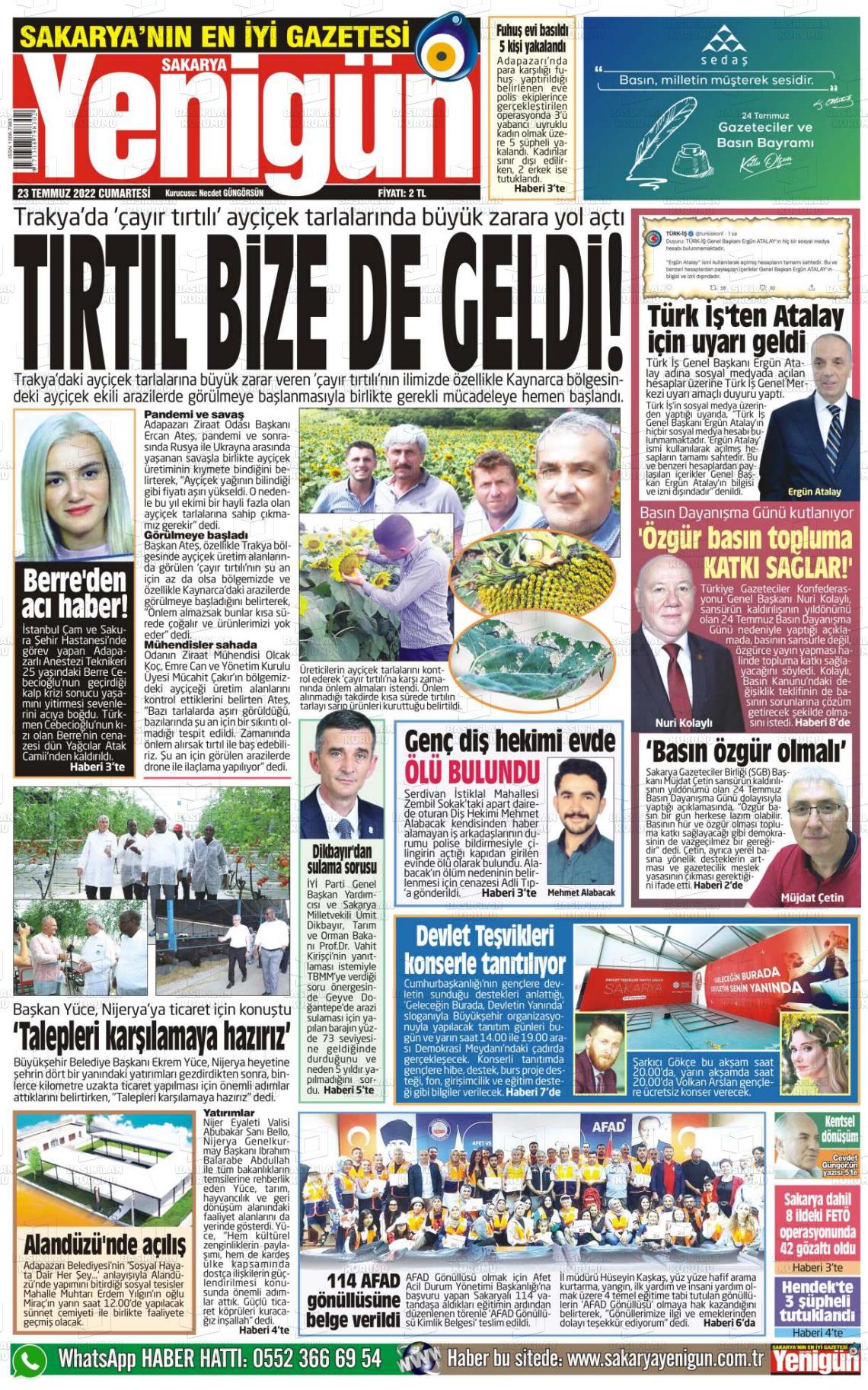 23 Temmuz 2022 Sakarya Yenigün Gazete Manşeti