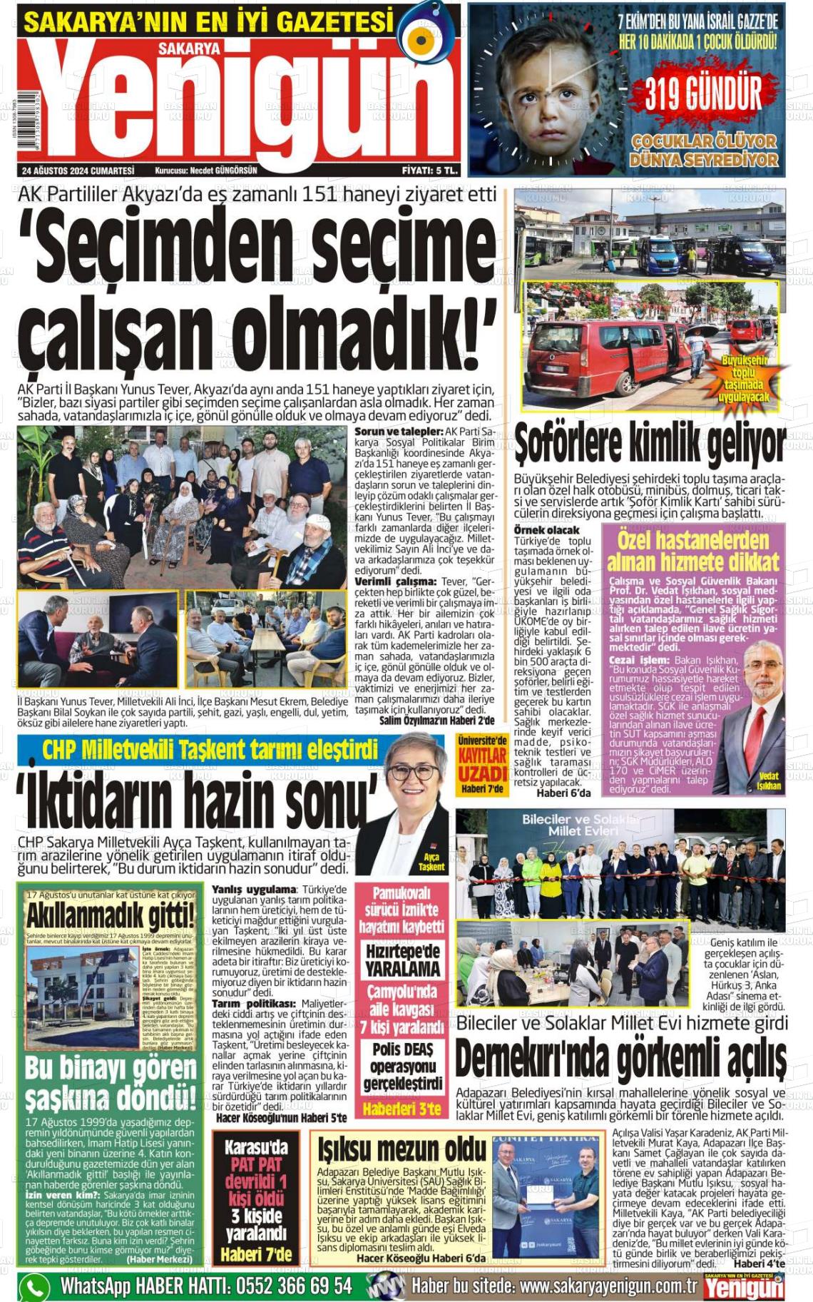 24 Ağustos 2024 Sakarya Yenigün Gazete Manşeti