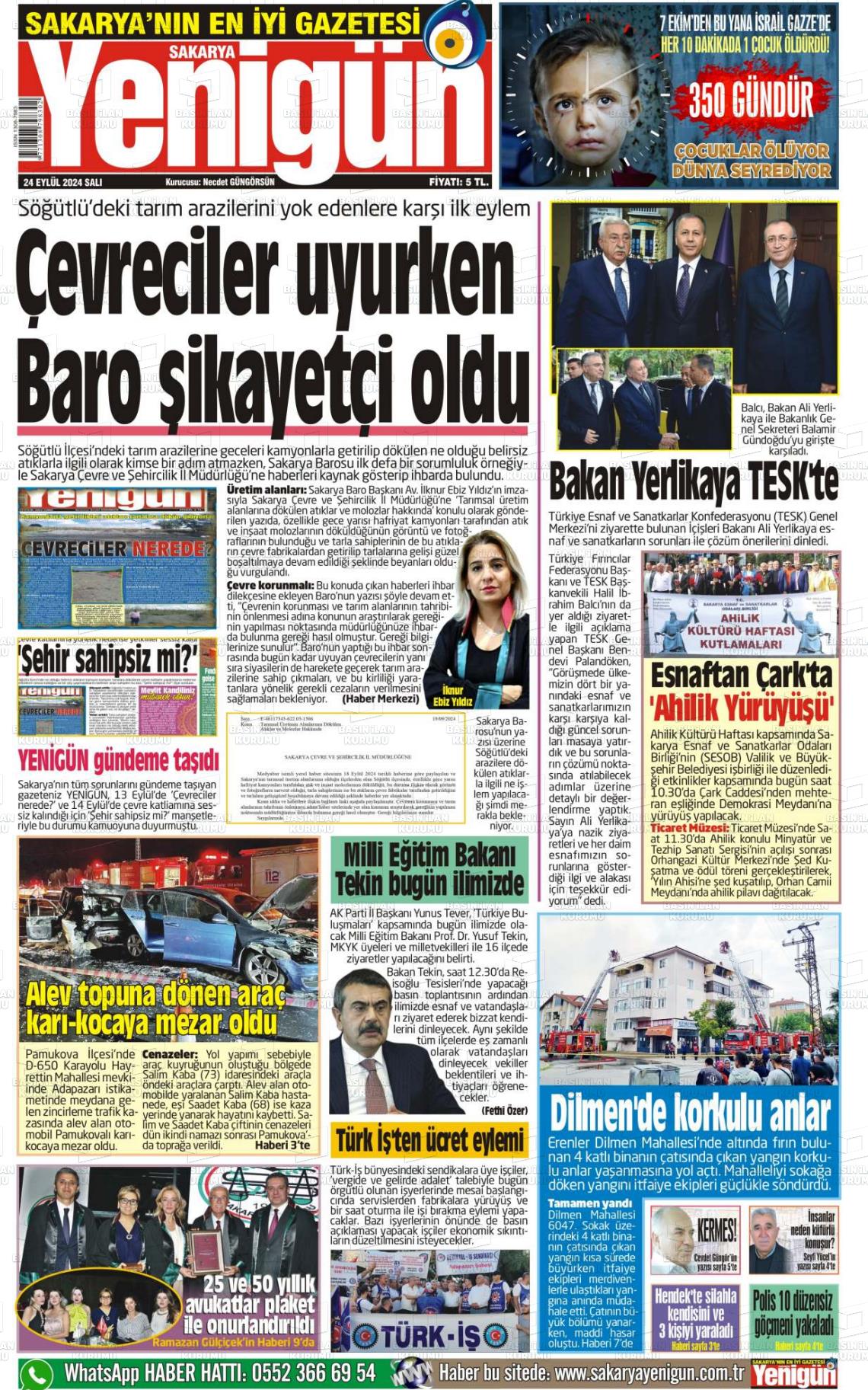 25 Eylül 2024 Sakarya Yenigün Gazete Manşeti