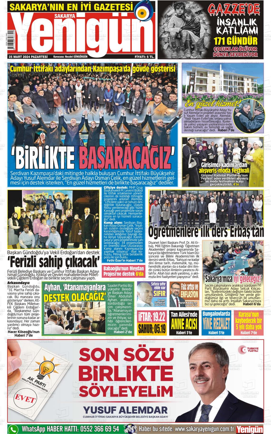 25 Mart 2024 Sakarya Yenigün Gazete Manşeti