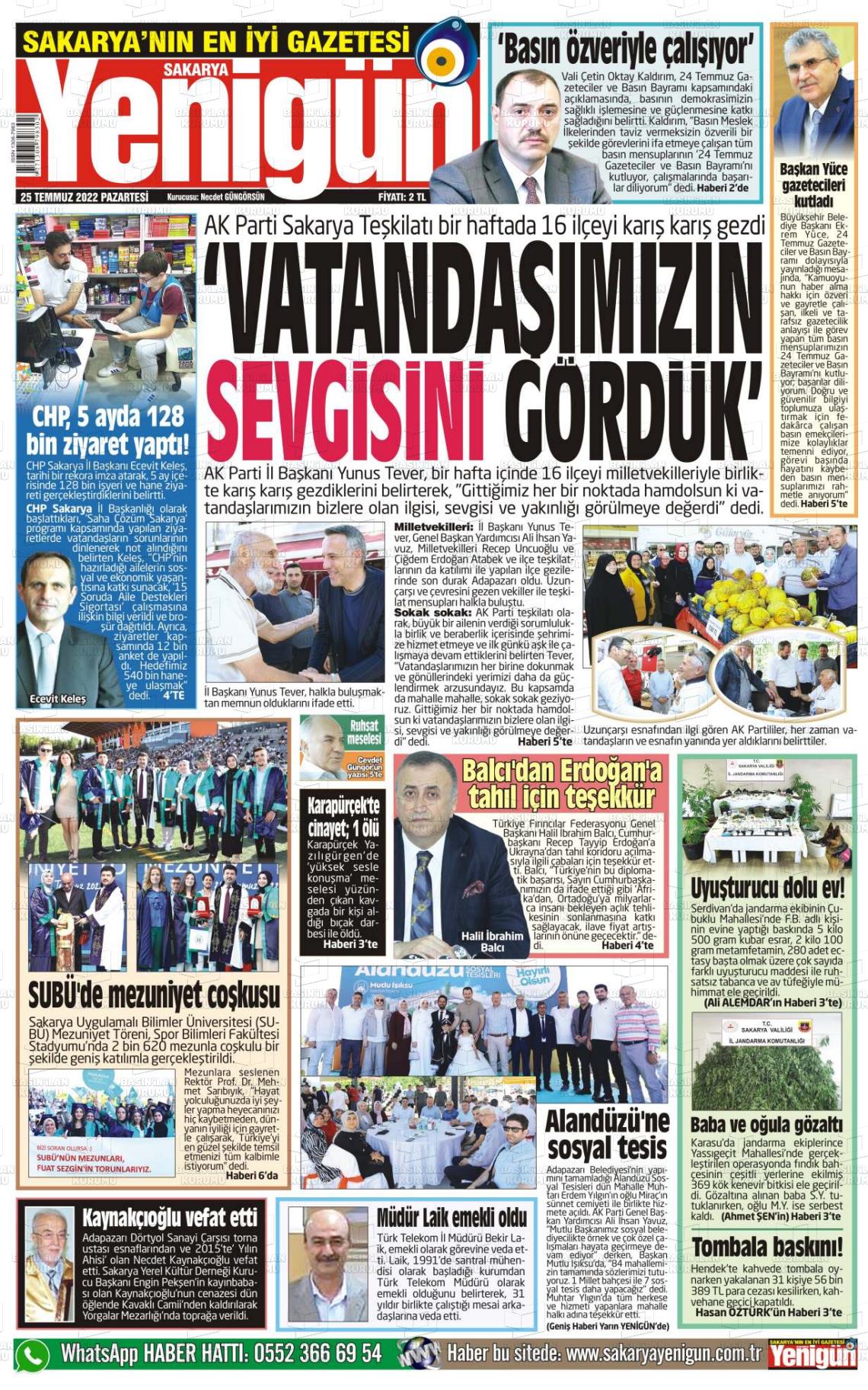 25 Temmuz 2022 Sakarya Yenigün Gazete Manşeti