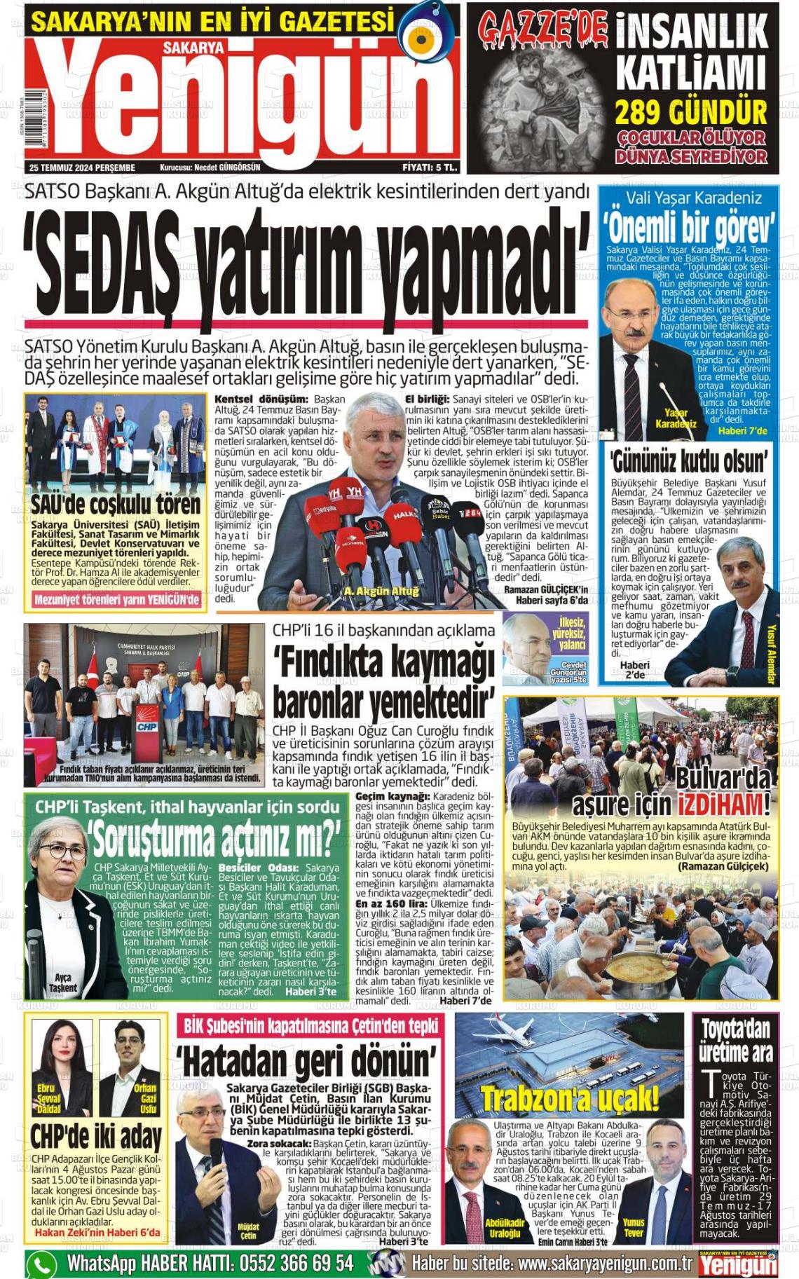 25 Temmuz 2024 Sakarya Yenigün Gazete Manşeti