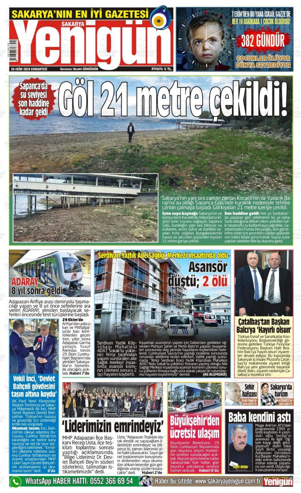 26 Ekim 2024 Sakarya Yenigün Gazete Manşeti