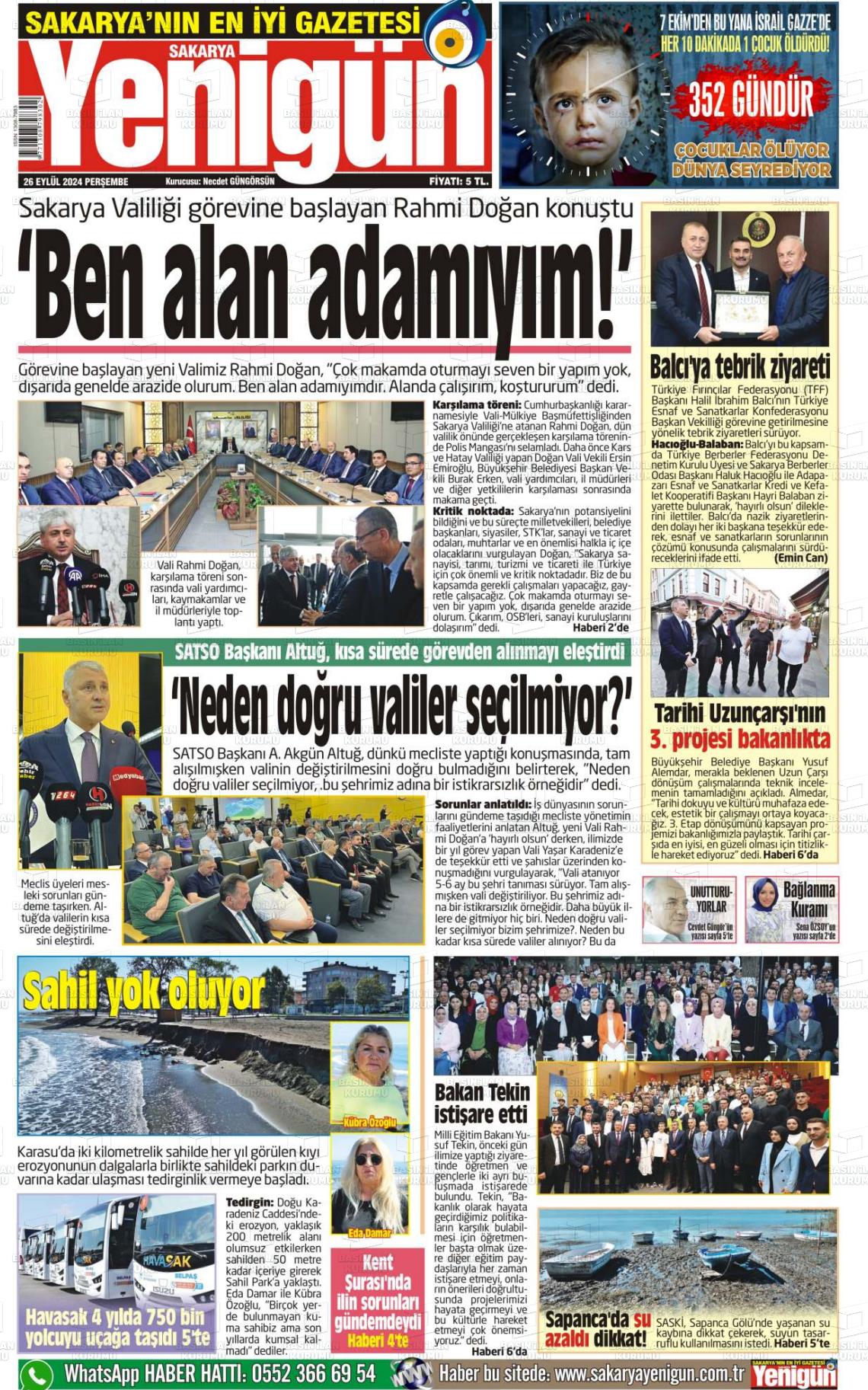 26 Eylül 2024 Sakarya Yenigün Gazete Manşeti