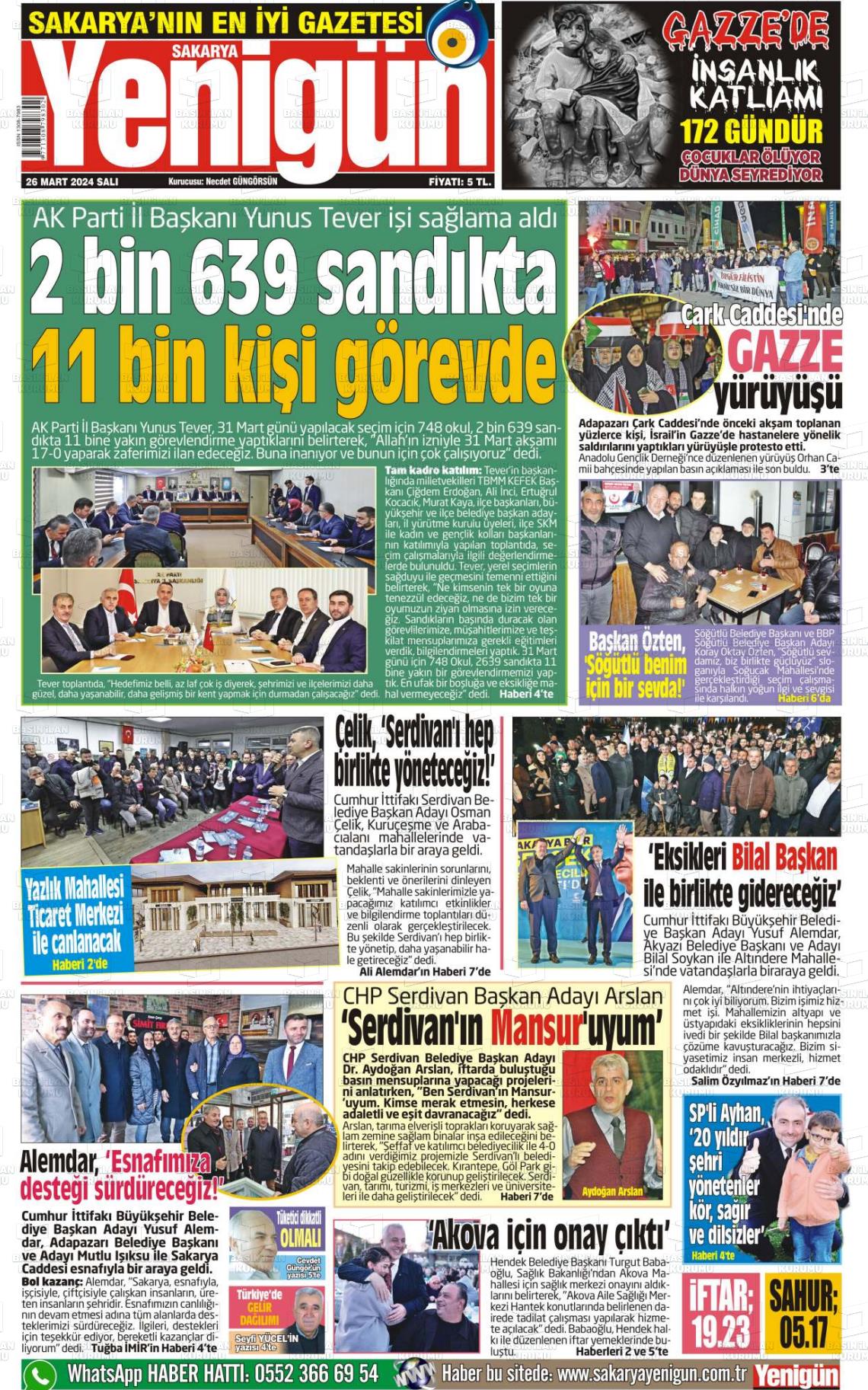 26 Mart 2024 Sakarya Yenigün Gazete Manşeti