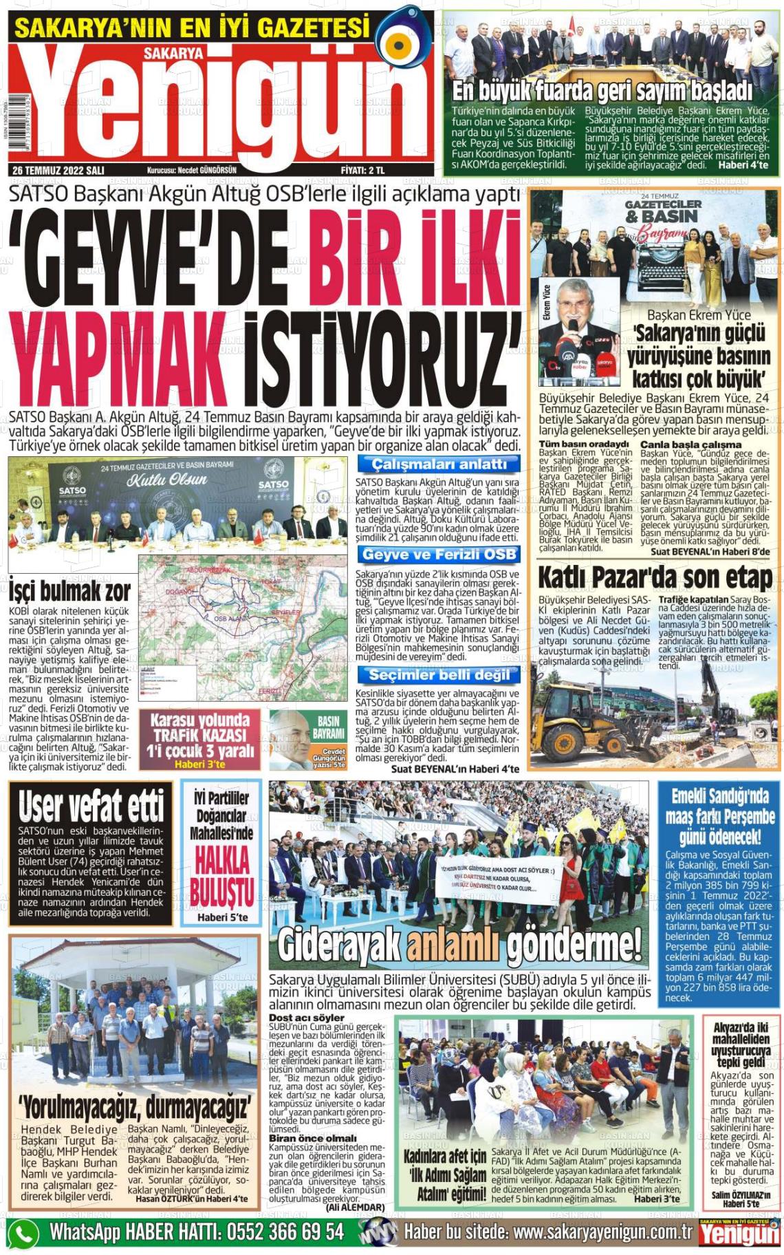 26 Temmuz 2022 Sakarya Yenigün Gazete Manşeti