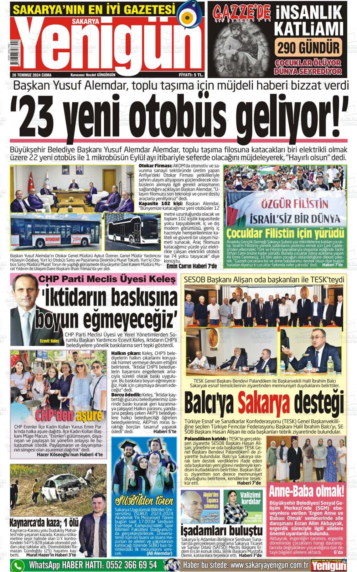 27 Temmuz 2024 Sakarya Yenigün Gazete Manşeti