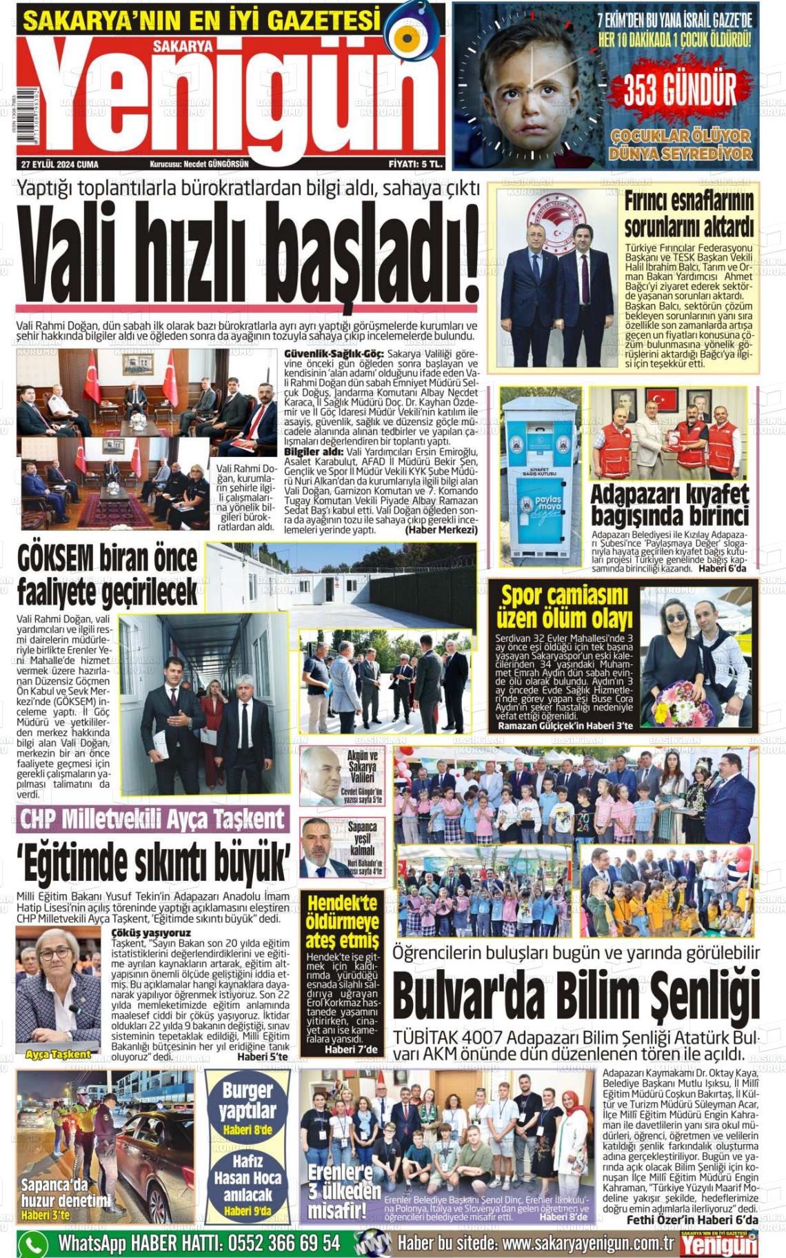 27 Eylül 2024 Sakarya Yenigün Gazete Manşeti