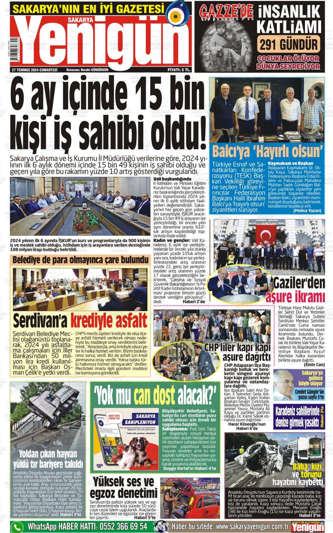 27 Temmuz 2024 Sakarya Yenigün Gazete Manşeti