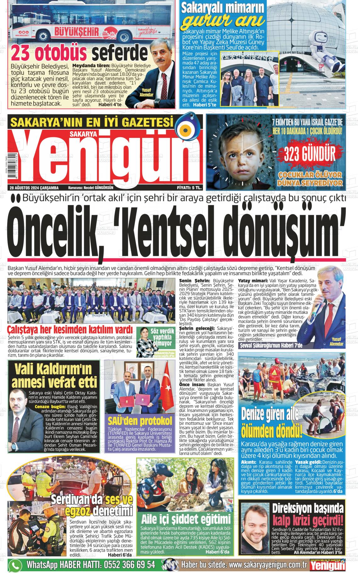 28 Ağustos 2024 Sakarya Yenigün Gazete Manşeti