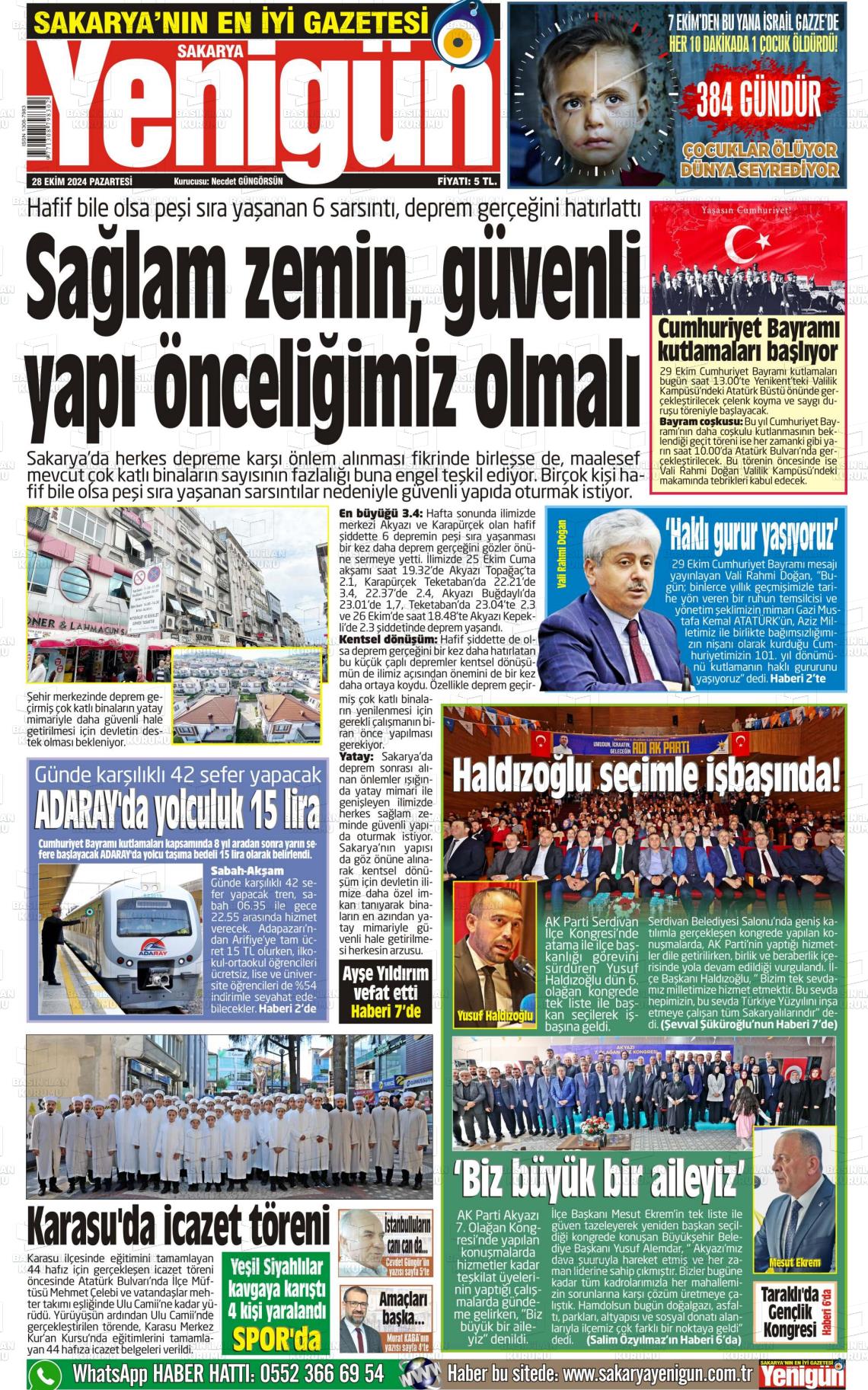 28 Ekim 2024 Sakarya Yenigün Gazete Manşeti