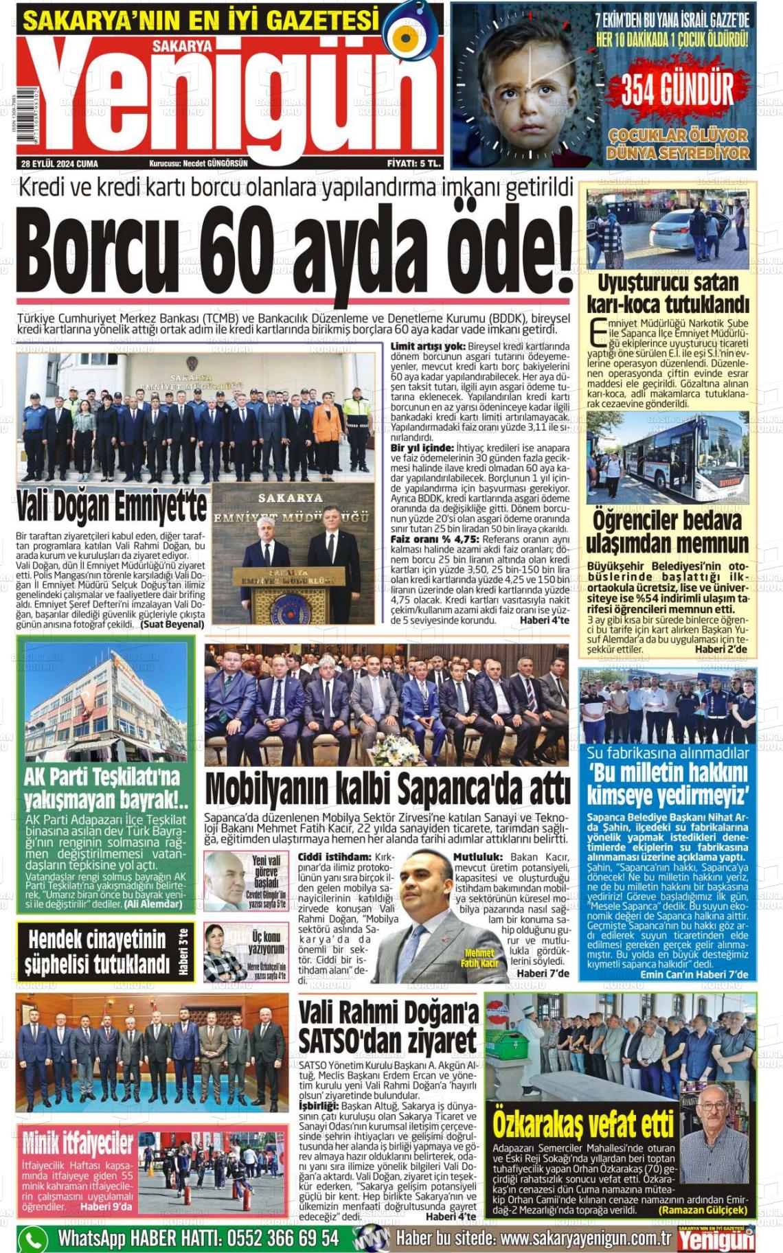 28 Eylül 2024 Sakarya Yenigün Gazete Manşeti