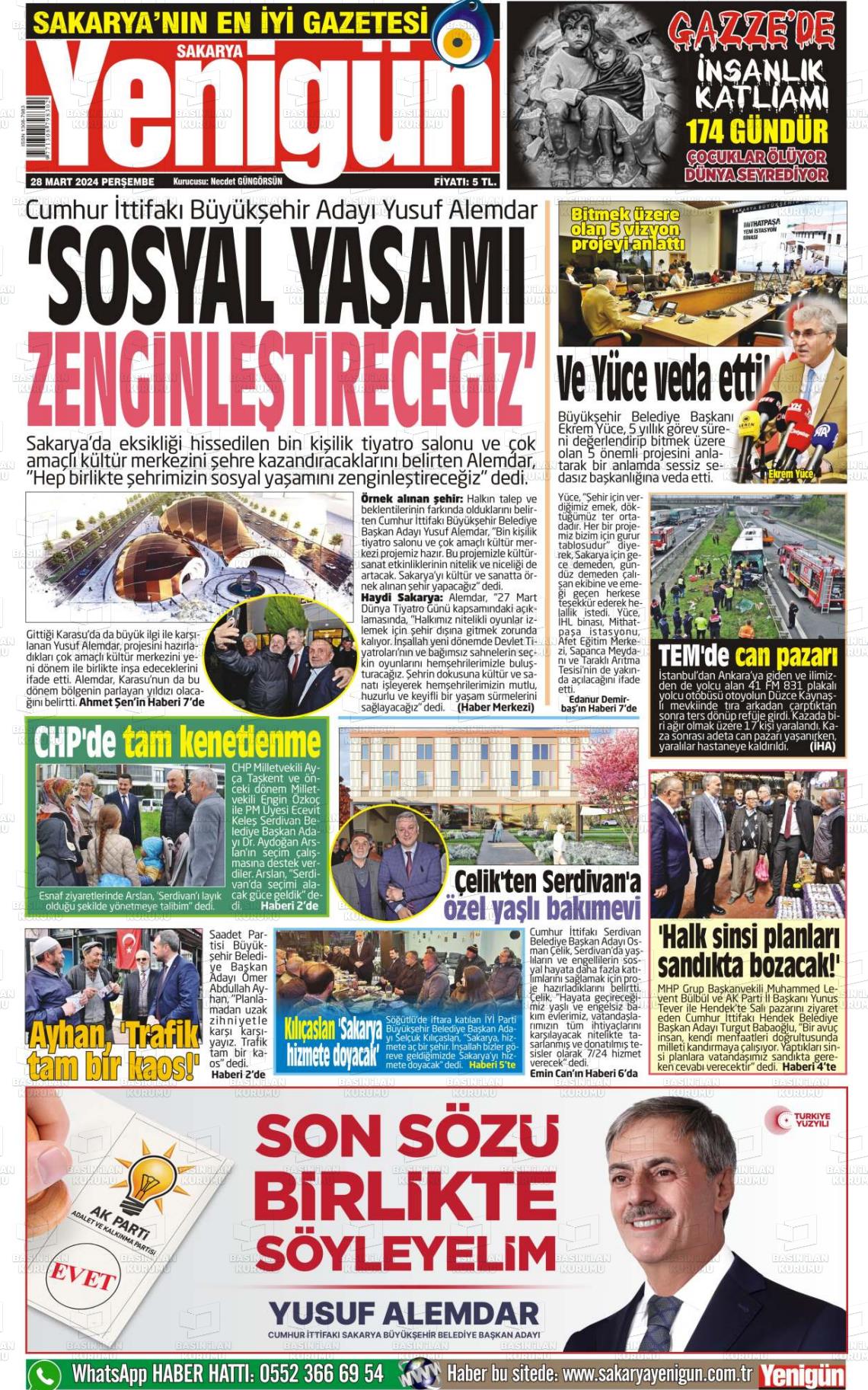 28 Mart 2024 Sakarya Yenigün Gazete Manşeti