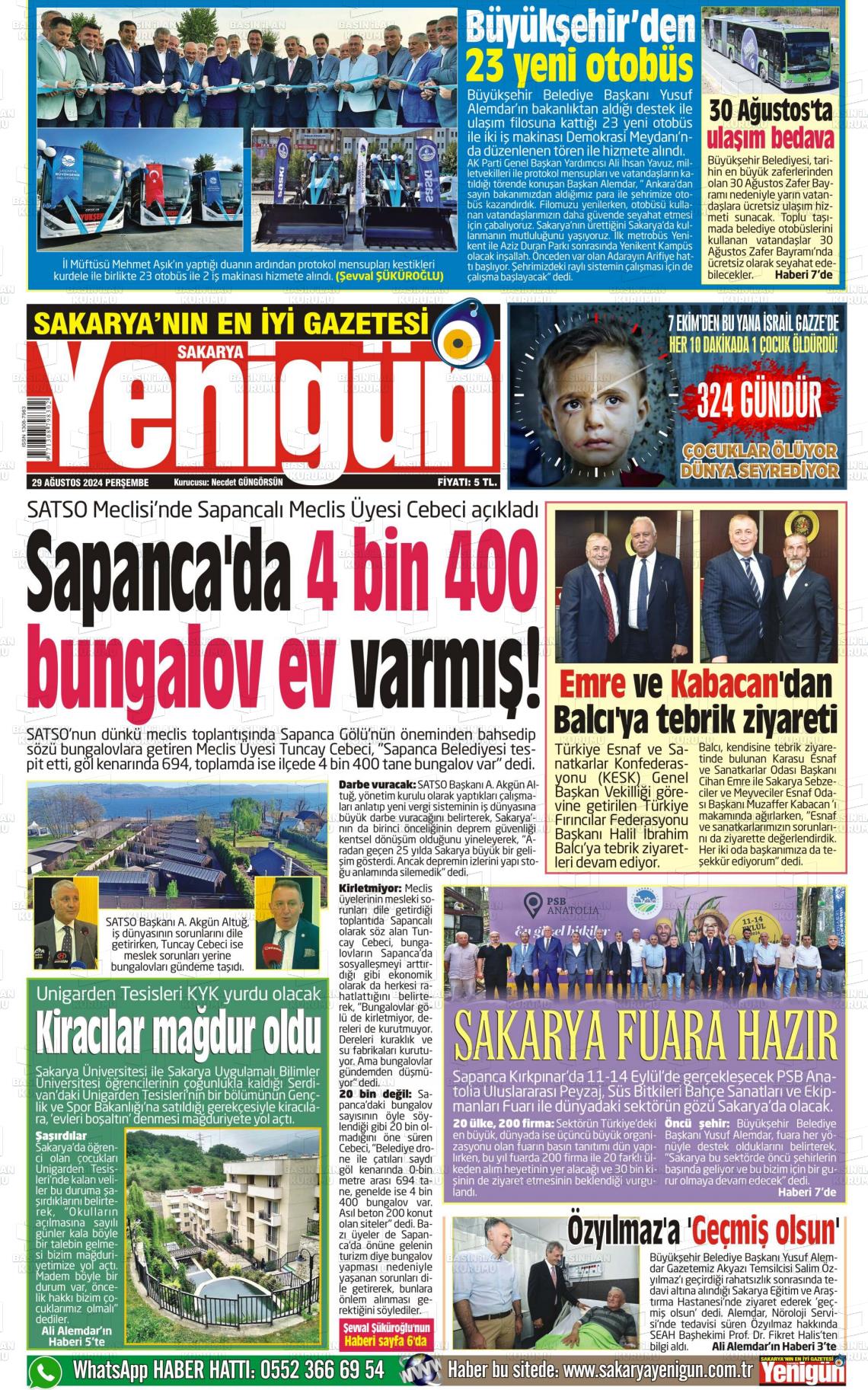 29 Ağustos 2024 Sakarya Yenigün Gazete Manşeti