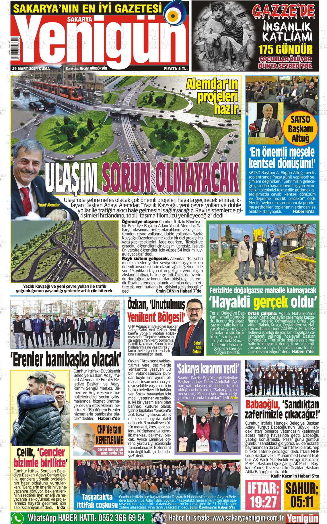 29 Mart 2024 Sakarya Yenigün Gazete Manşeti