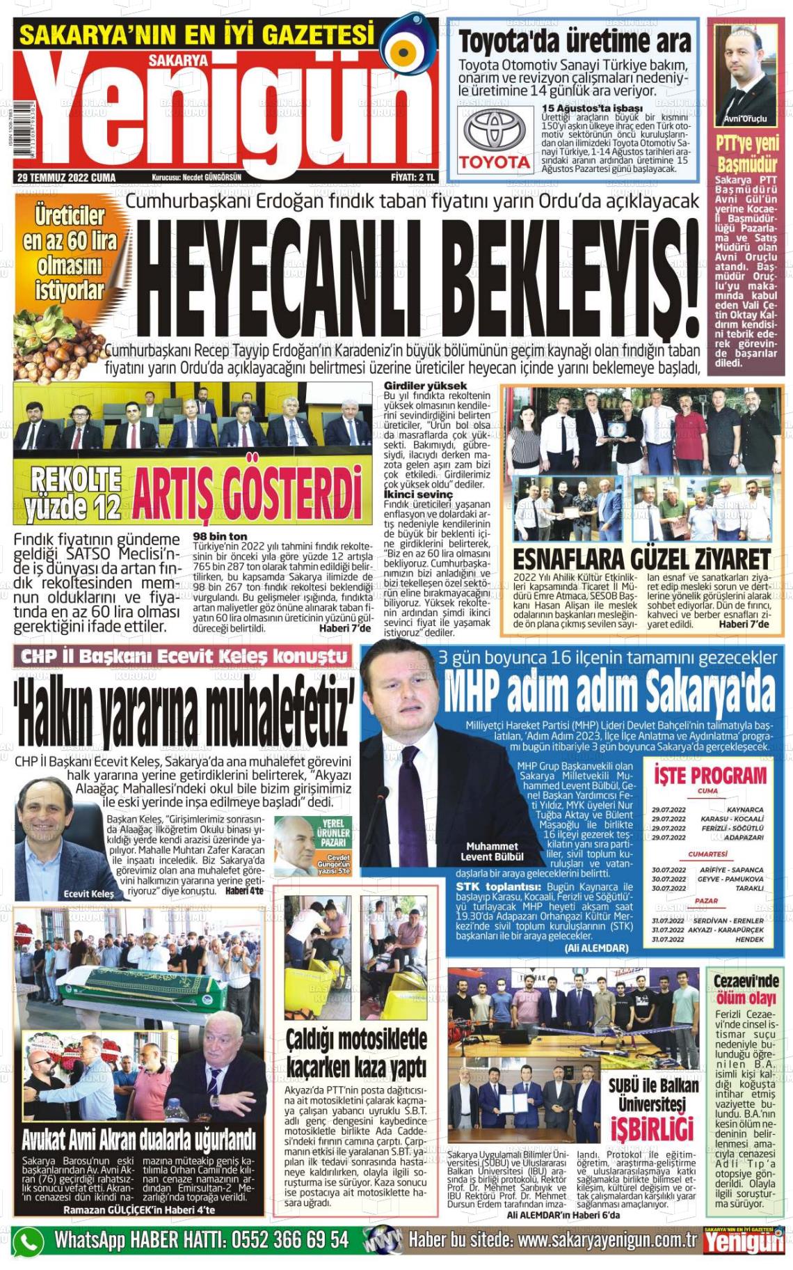 26 Eylül 2022 Sakarya Yenigün Gazete Manşeti