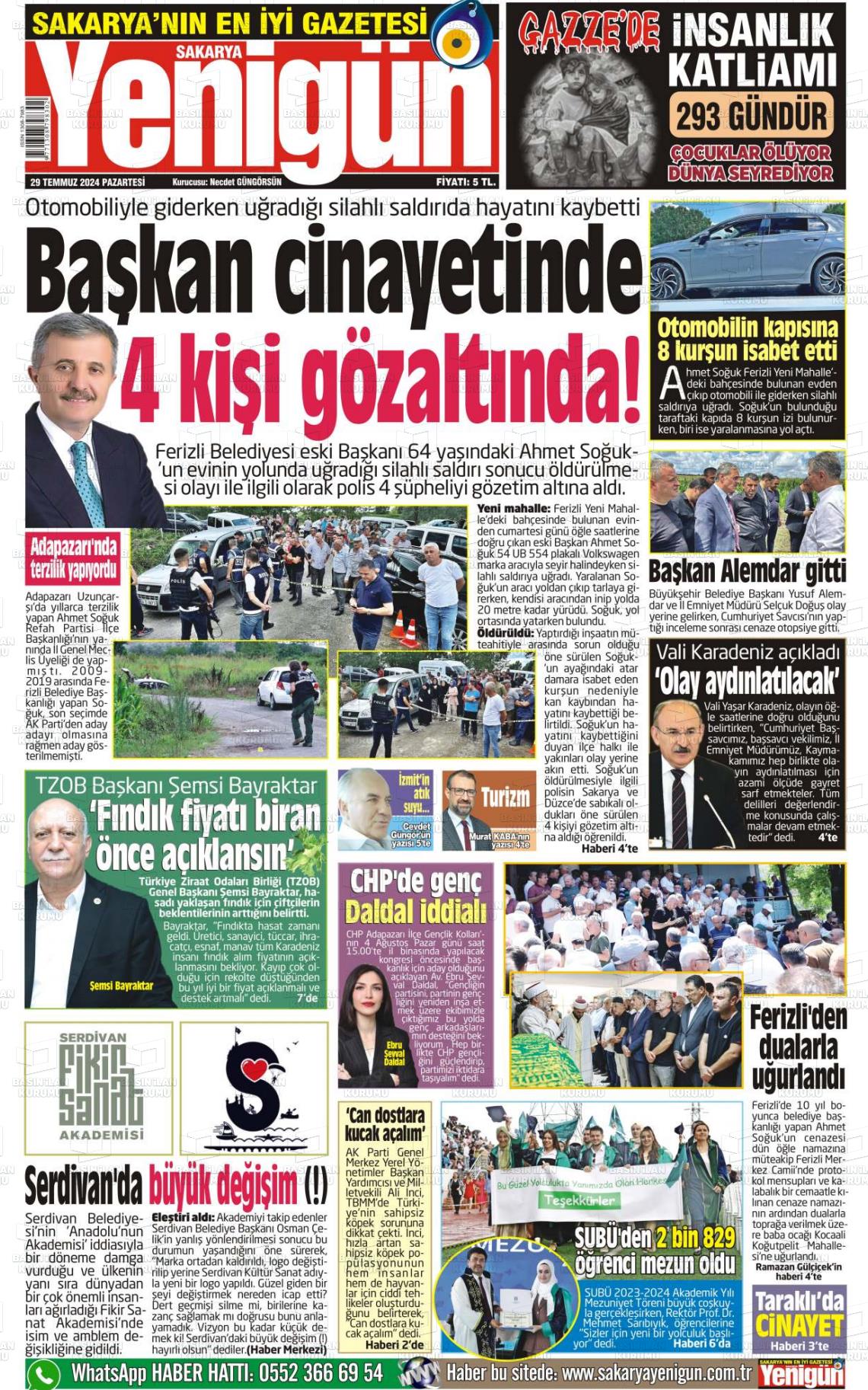 29 Temmuz 2024 Sakarya Yenigün Gazete Manşeti