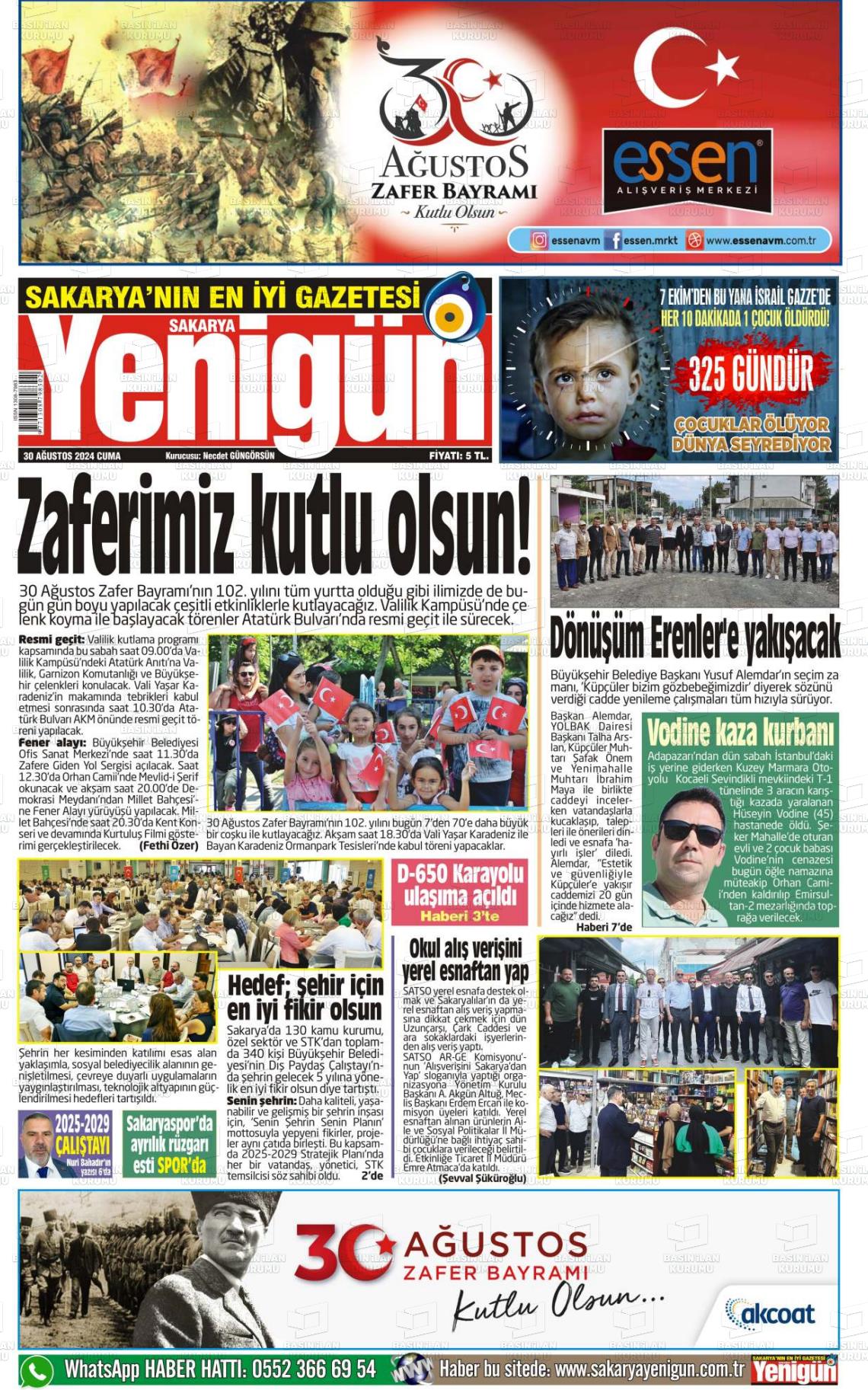 30 Ağustos 2024 Sakarya Yenigün Gazete Manşeti