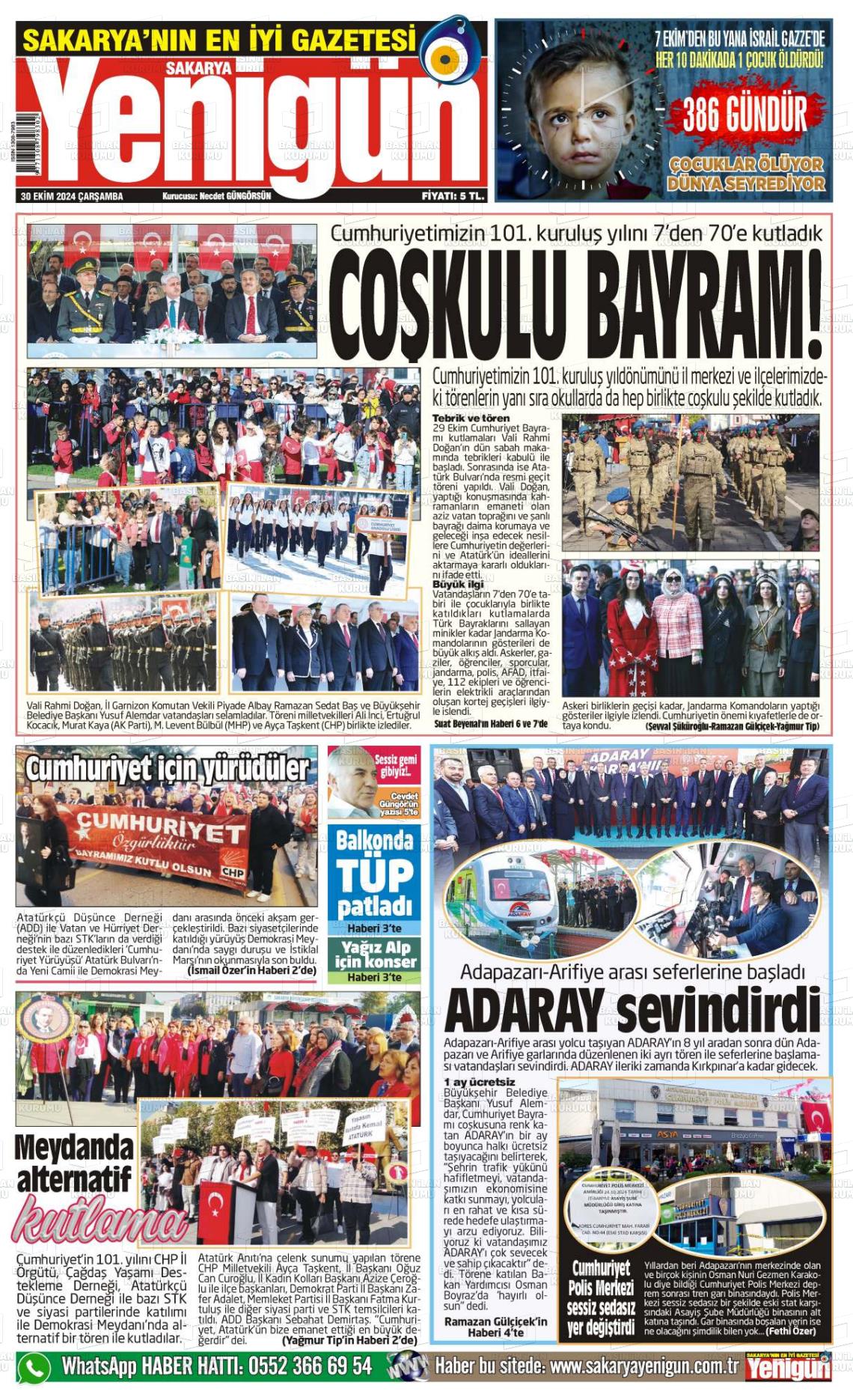 30 Ekim 2024 Sakarya Yenigün Gazete Manşeti