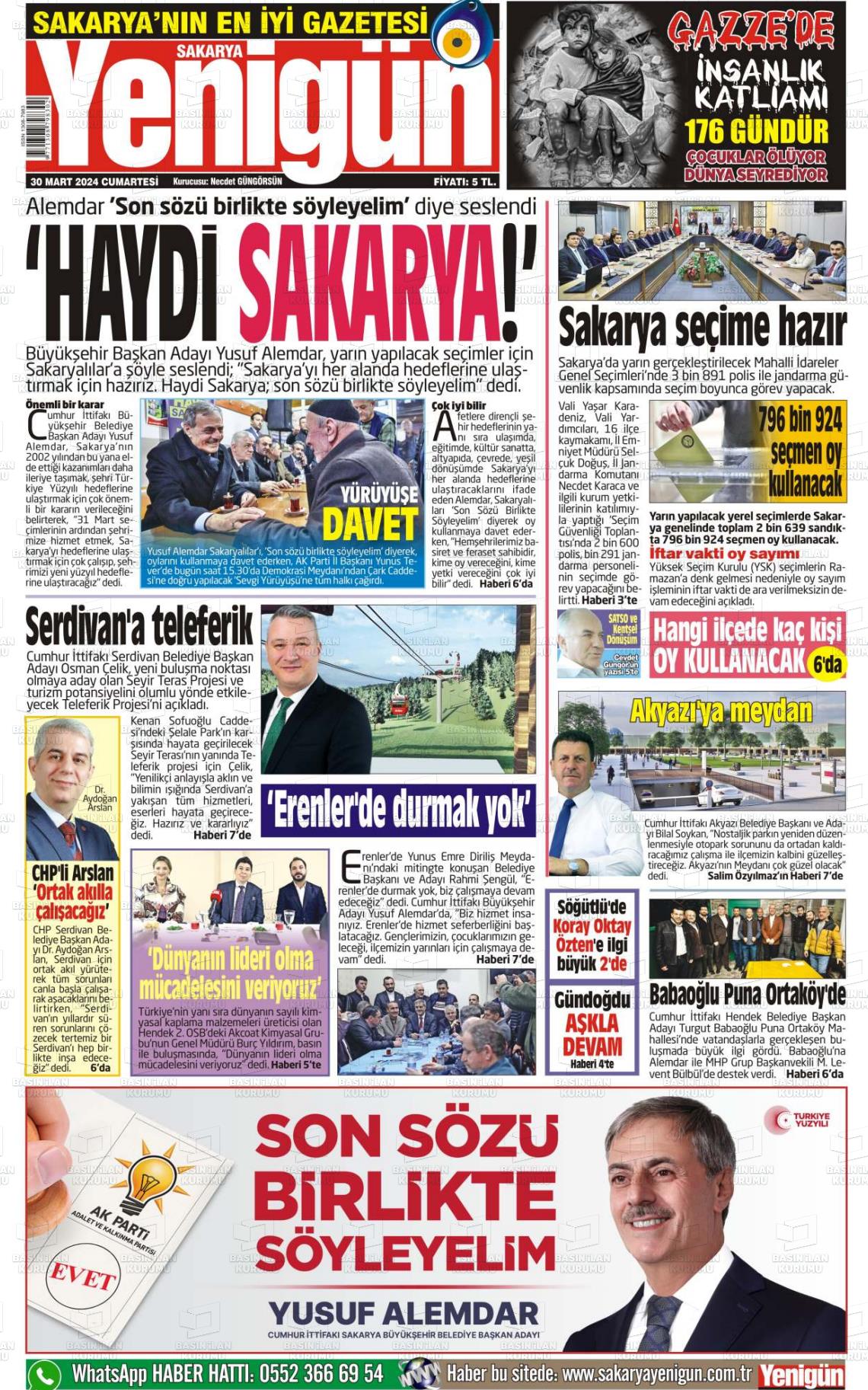 30 Mart 2024 Sakarya Yenigün Gazete Manşeti