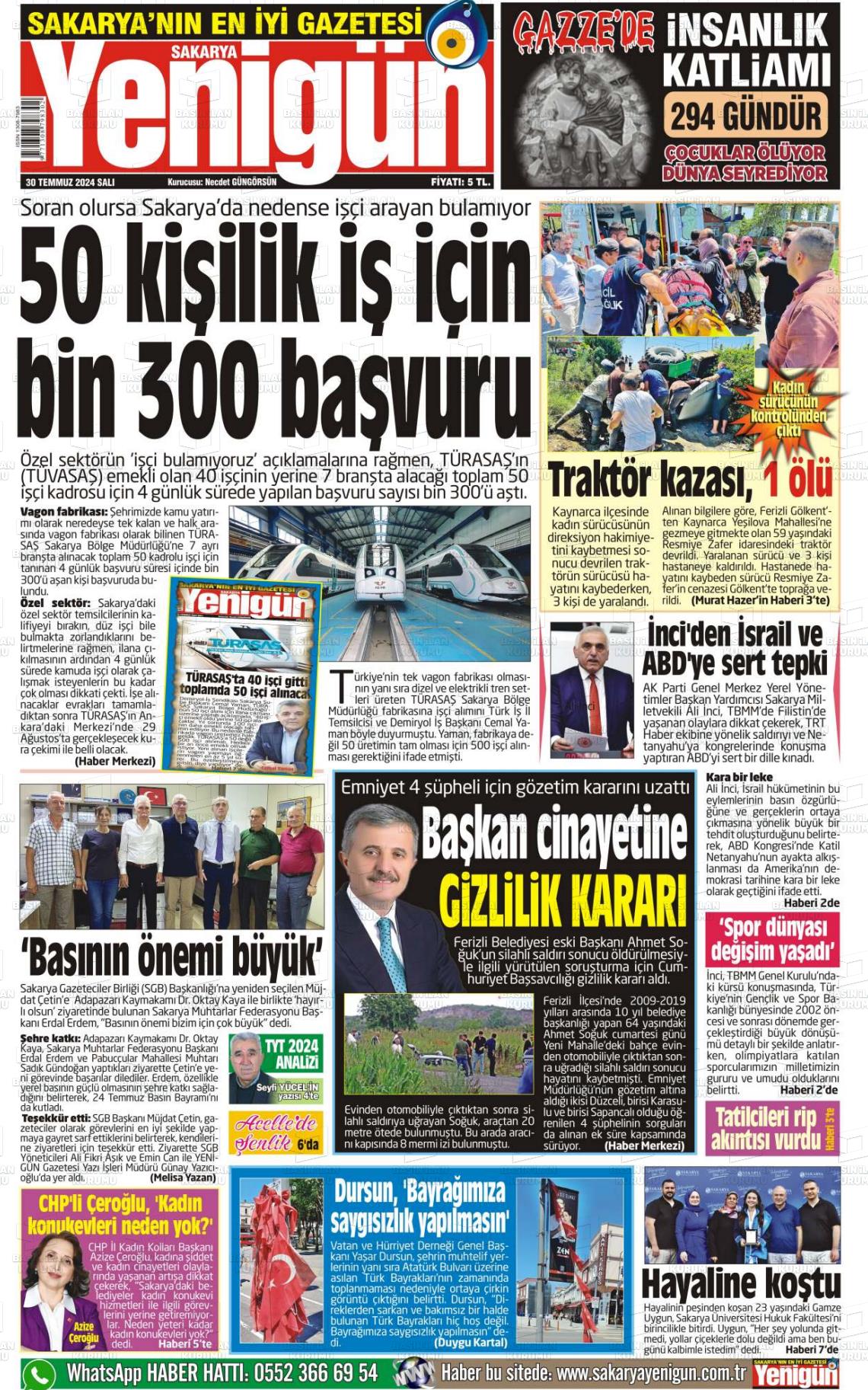 30 Temmuz 2024 Sakarya Yenigün Gazete Manşeti