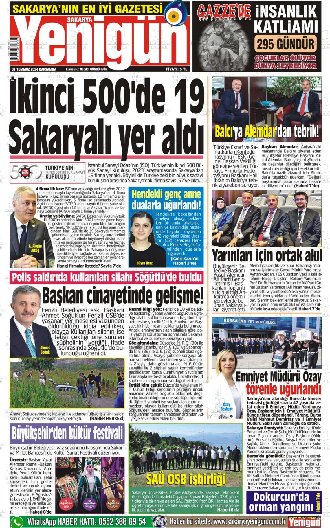 31 Temmuz 2024 Sakarya Yenigün Gazete Manşeti