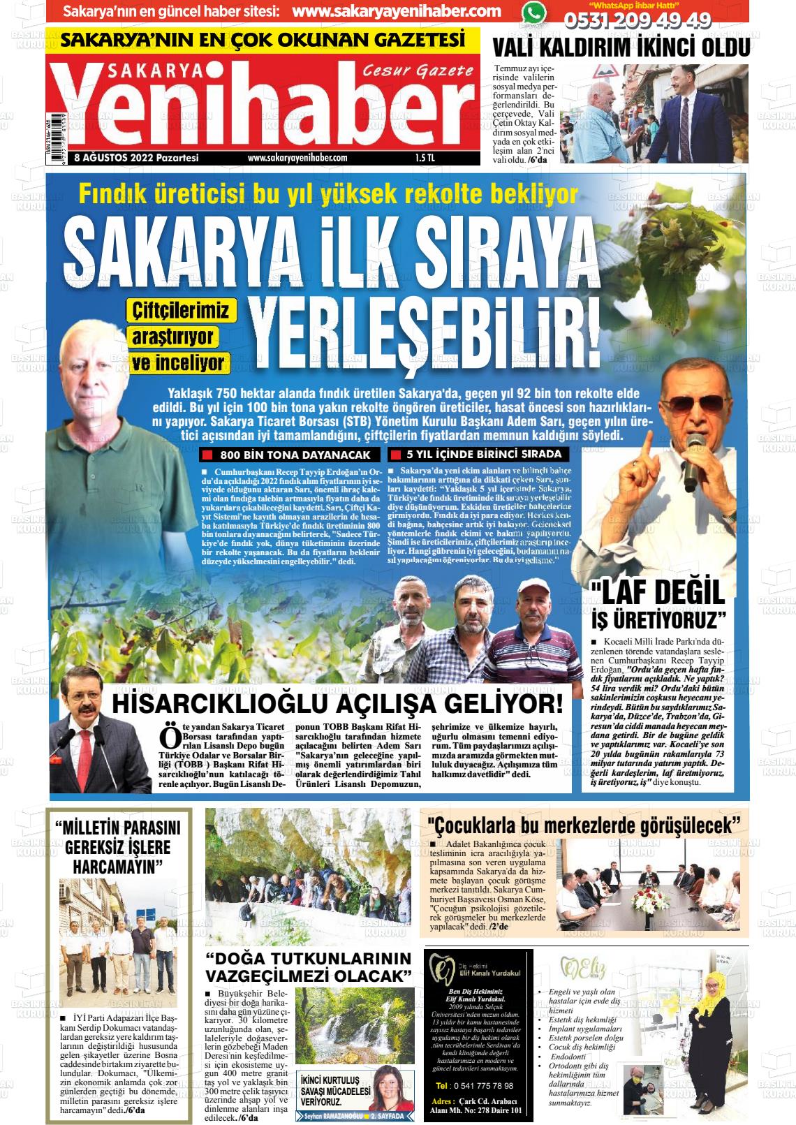 08 Ağustos 2022 Sakarya Yeni Haber Gazete Manşeti