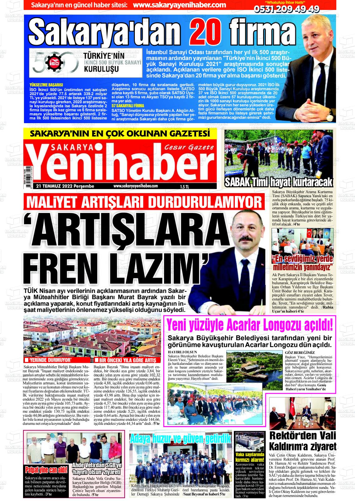 21 Temmuz 2022 Sakarya Yeni Haber Gazete Manşeti