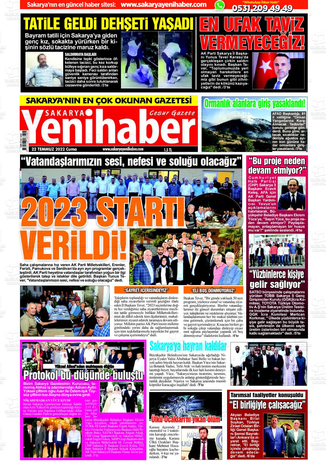 22 Temmuz 2022 Sakarya Yeni Haber Gazete Manşeti