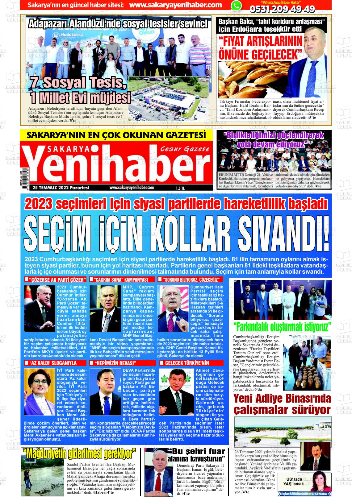 25 Temmuz 2022 Sakarya Yeni Haber Gazete Manşeti