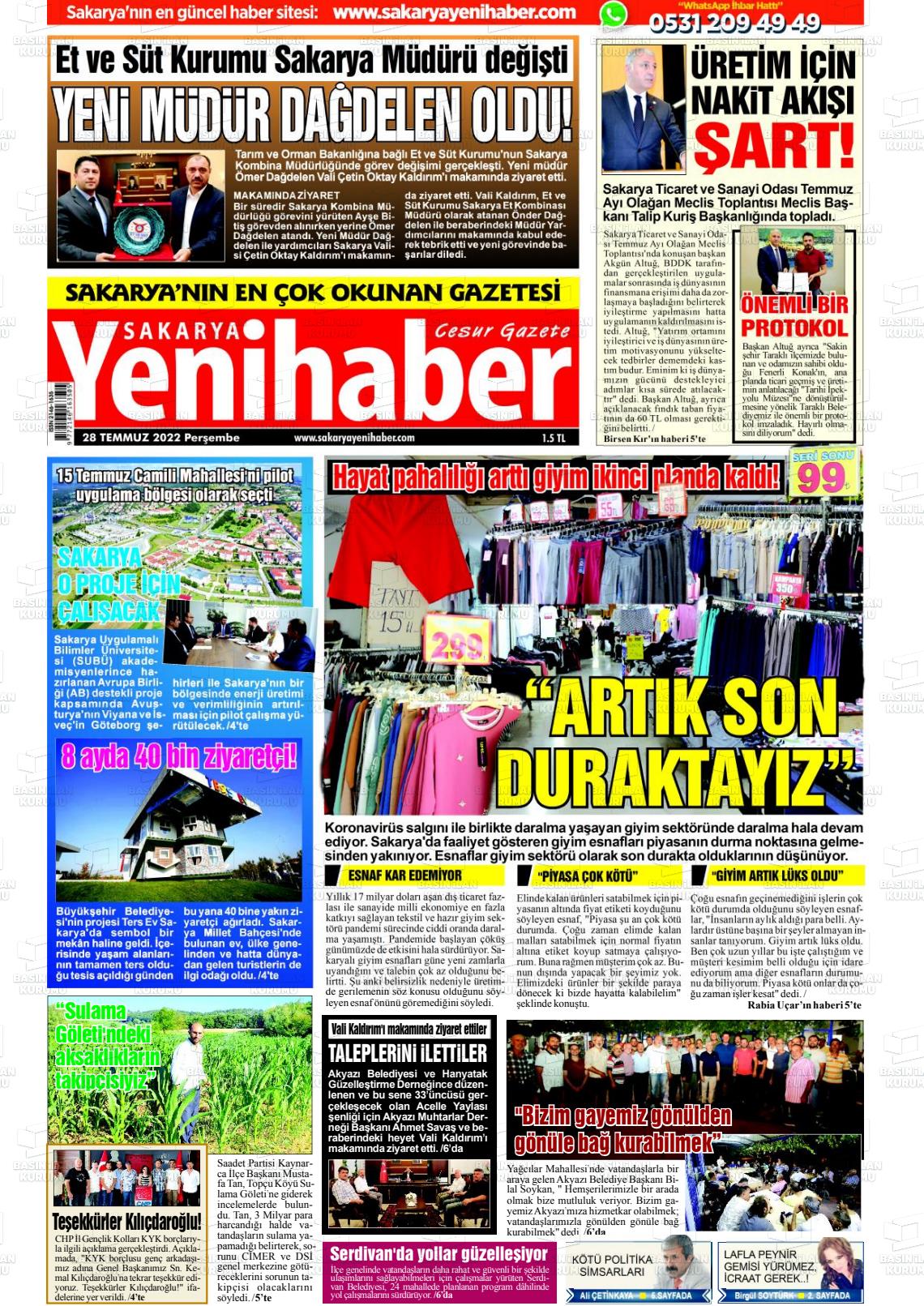 28 Temmuz 2022 Sakarya Yeni Haber Gazete Manşeti