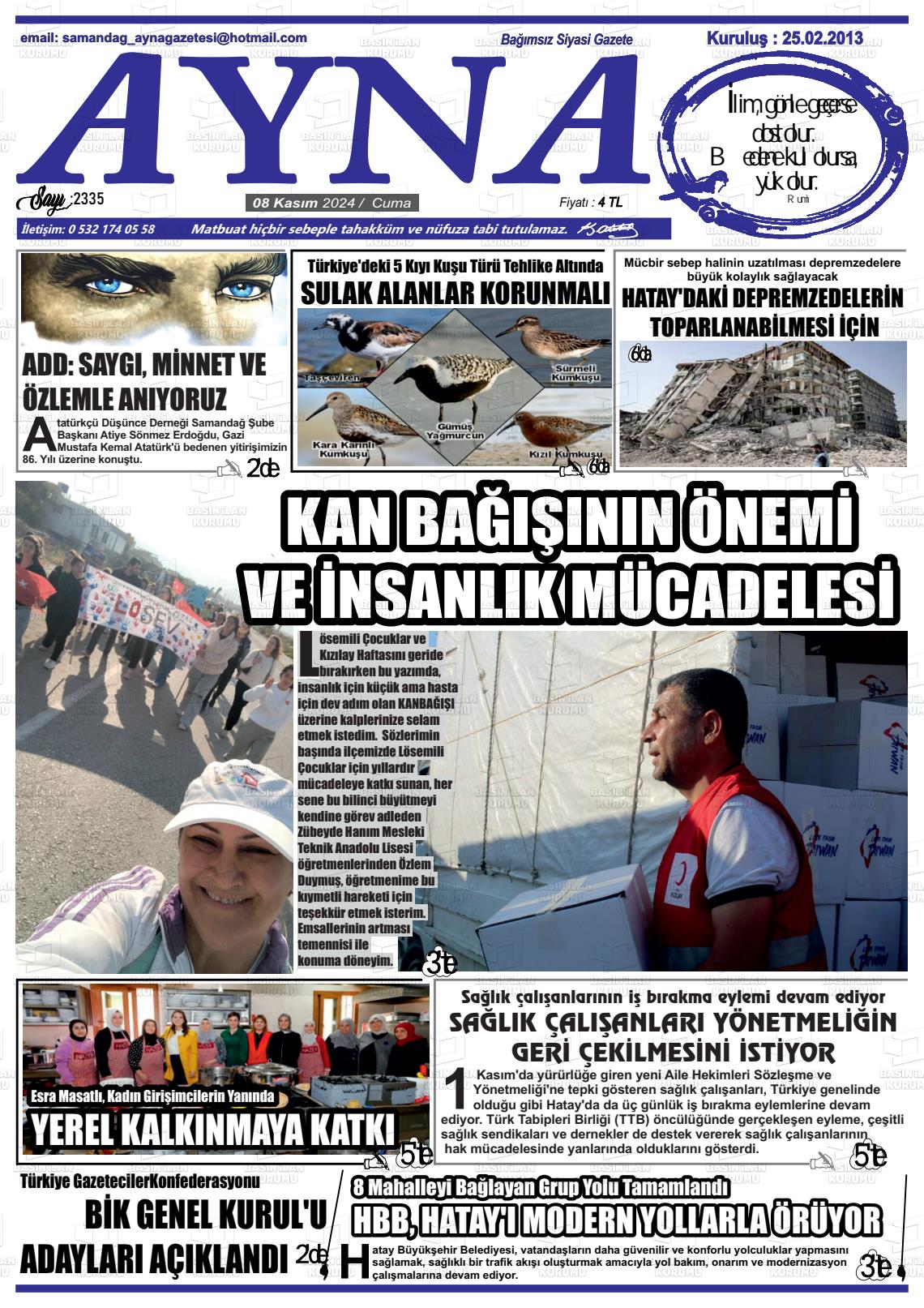 08 Kasım 2024 Samandağ Ayna Gazete Manşeti