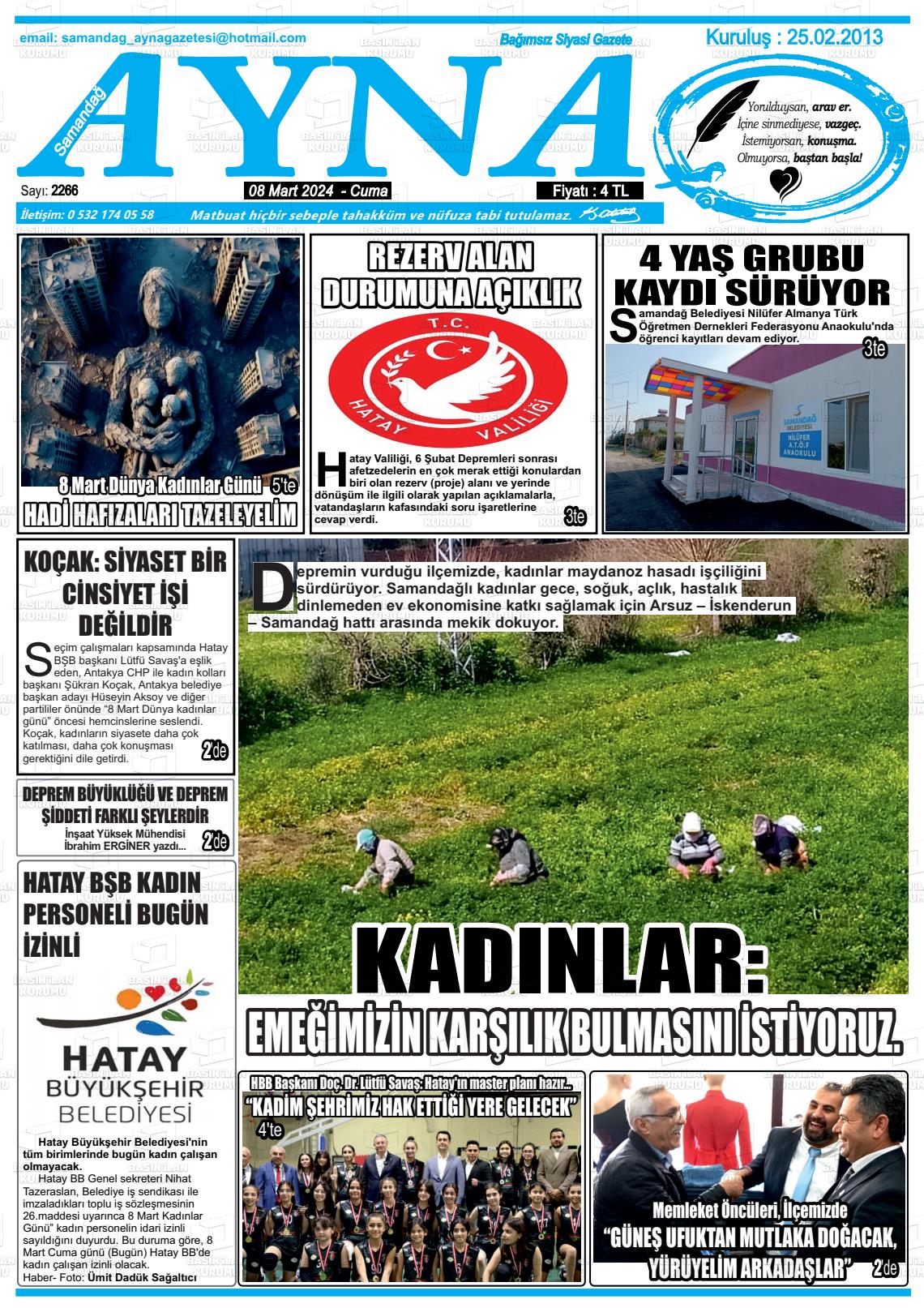 08 Mart 2024 Samandağ Ayna Gazete Manşeti