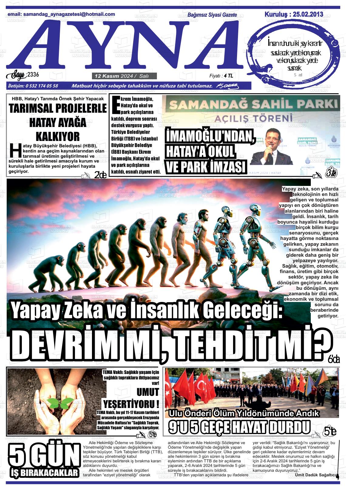 12 Kasım 2024 Samandağ Ayna Gazete Manşeti