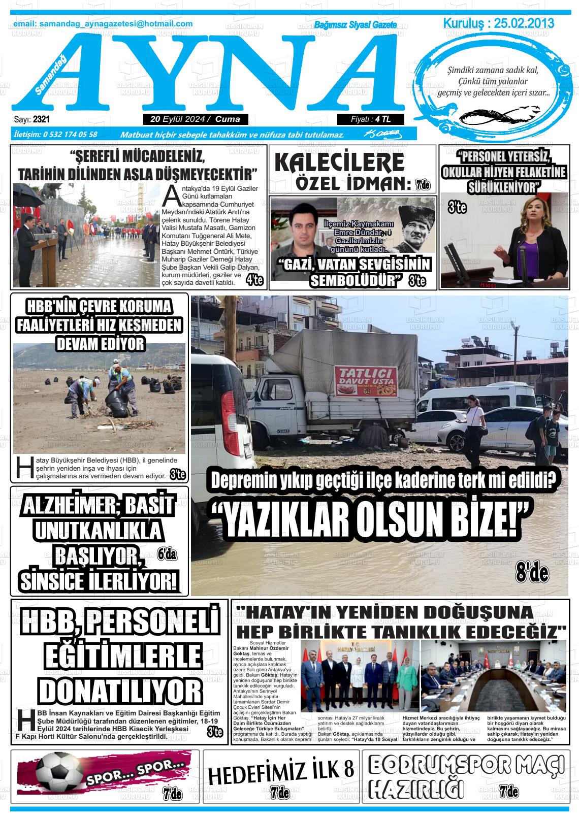 20 Eylül 2024 Samandağ Ayna Gazete Manşeti