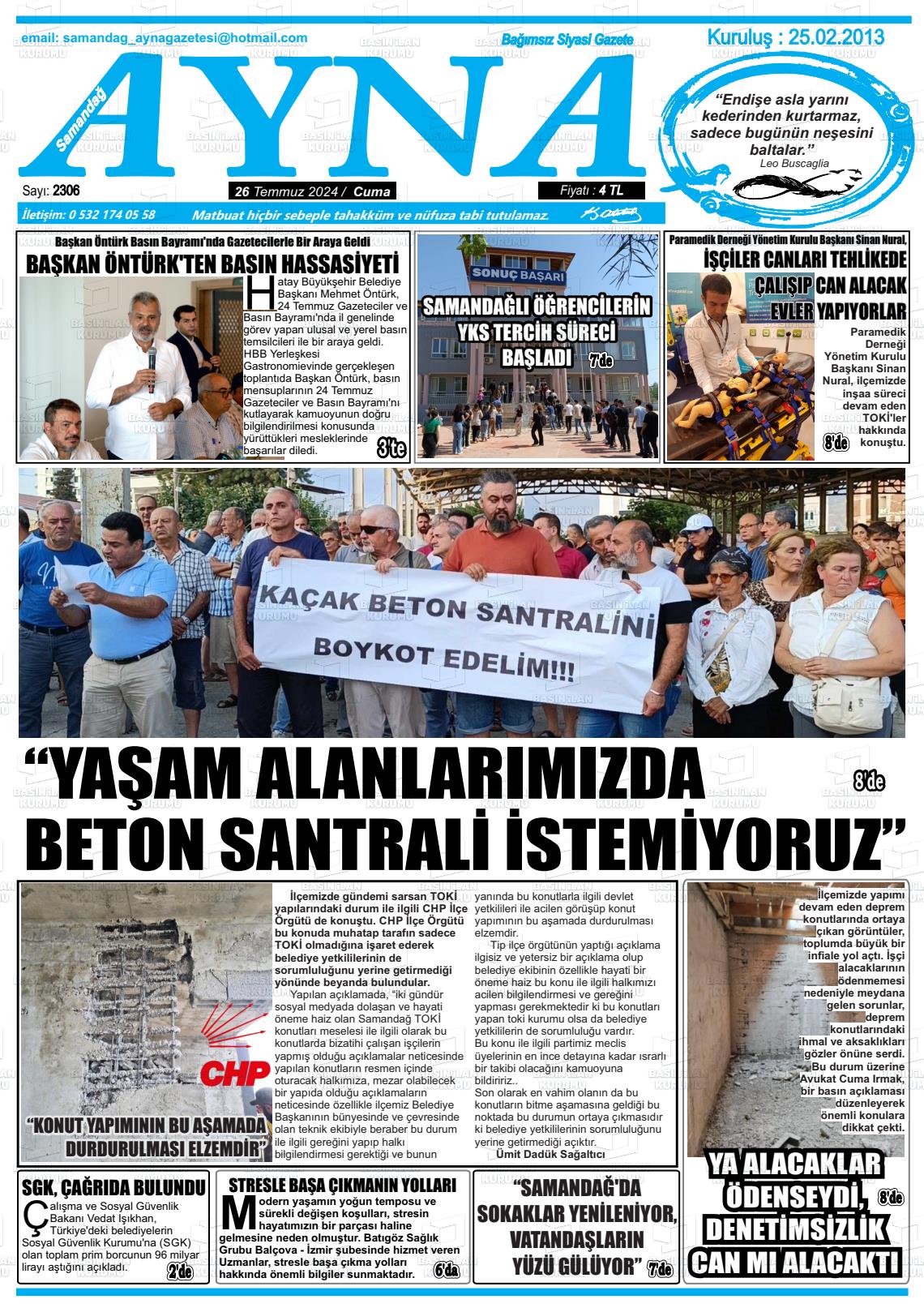 27 Temmuz 2024 Samandağ Ayna Gazete Manşeti