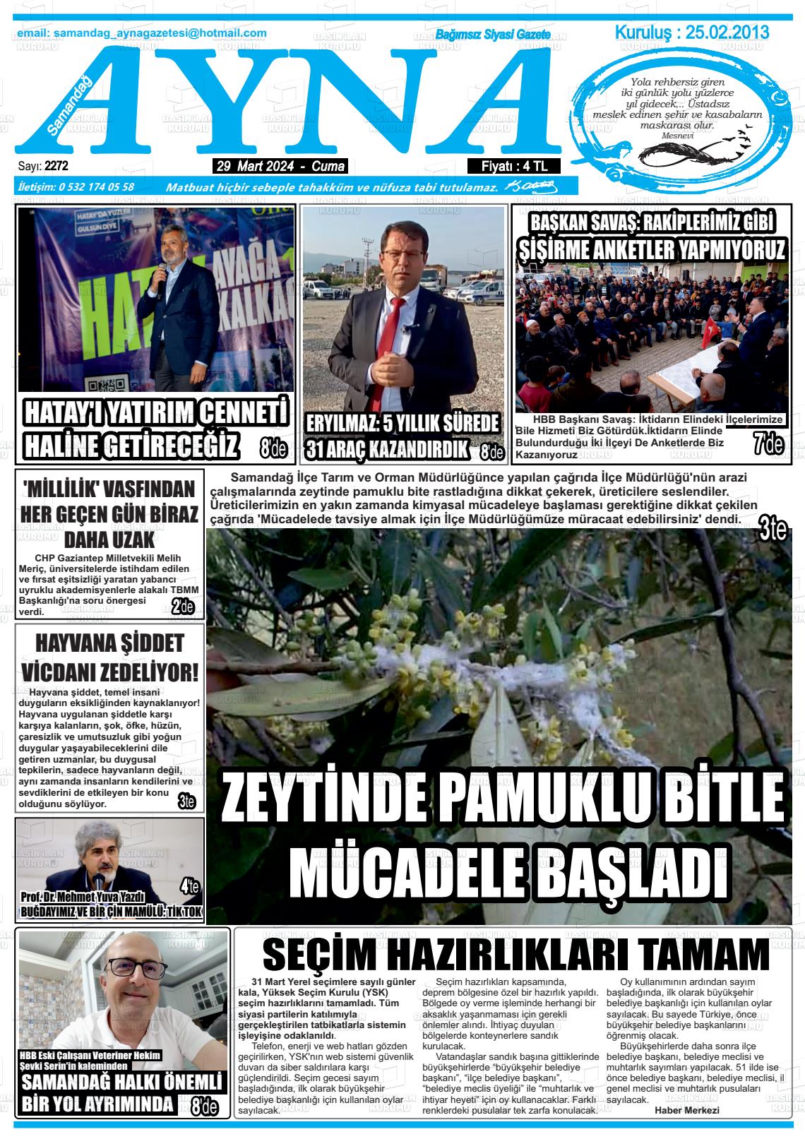 29 Mart 2024 Samandağ Ayna Gazete Manşeti