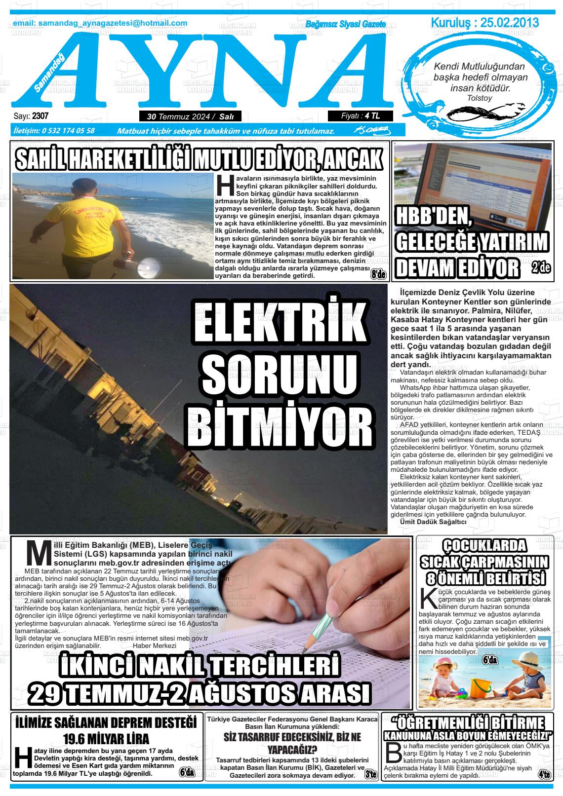 30 Temmuz 2024 Samandağ Ayna Gazete Manşeti